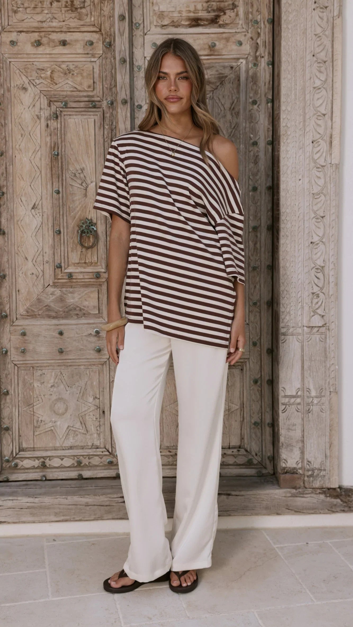 Pia One Shoulder Oversize Tee Choc White Stripe
