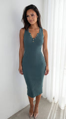 Milana Henley Ribbed Midi Dress Hunter Green