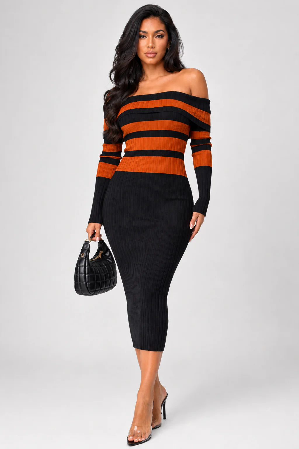 Robyn Stripe Ribbed Off Shoulder Midi Dress Black