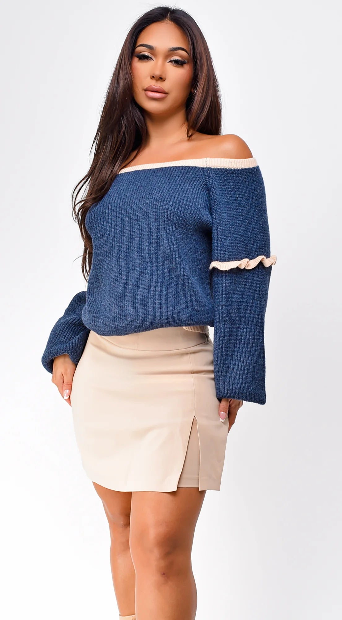 Frankfurt Off Shoulder Sweater Top Blue