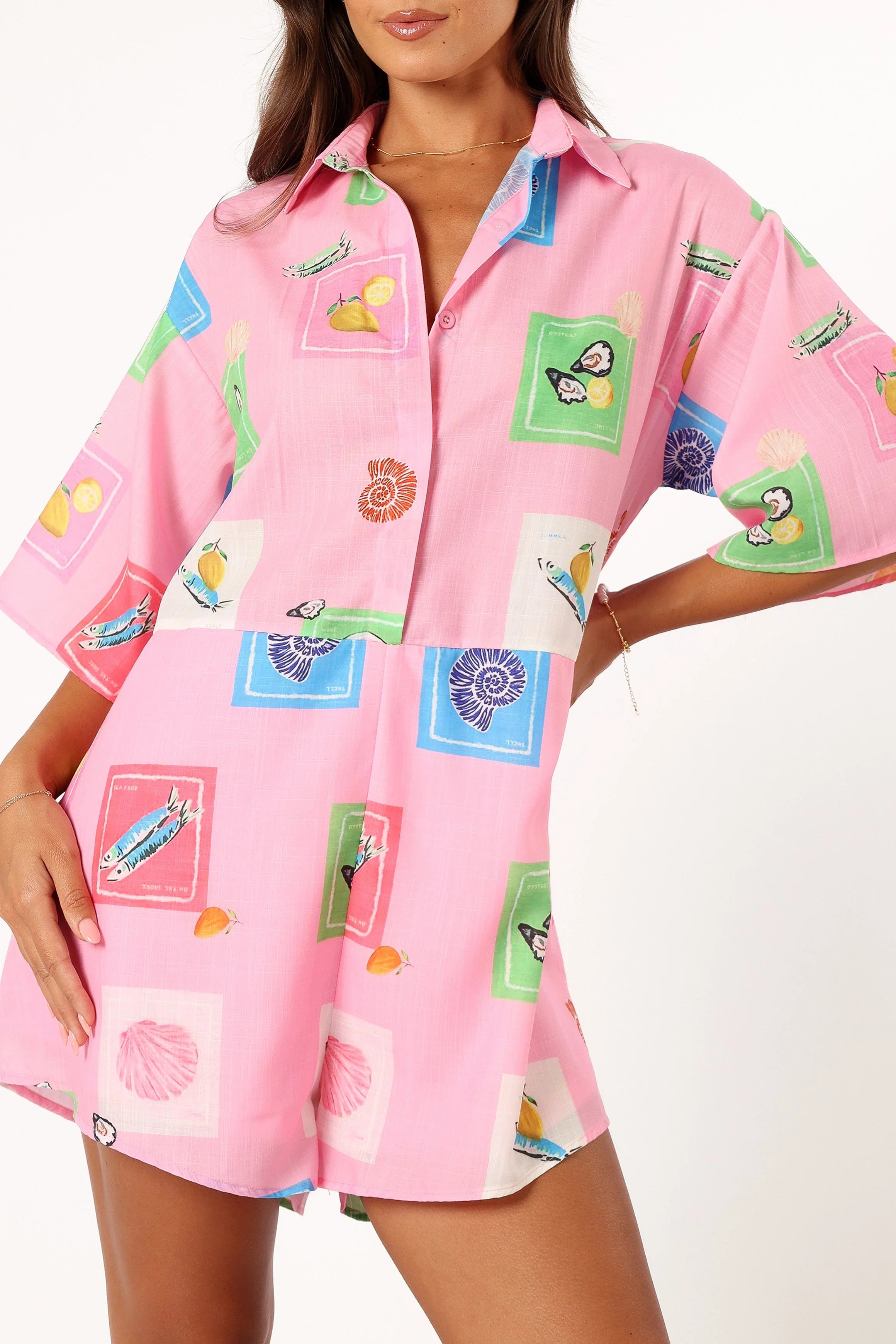 Kellie Romper Pink Stamp Print