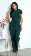 Ruba Cowl Tunic Neck Short Sleeve Wide Leg Jumpsuit Green