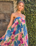 Adrenia Pleated Floral Print Satin Maxi Dress
