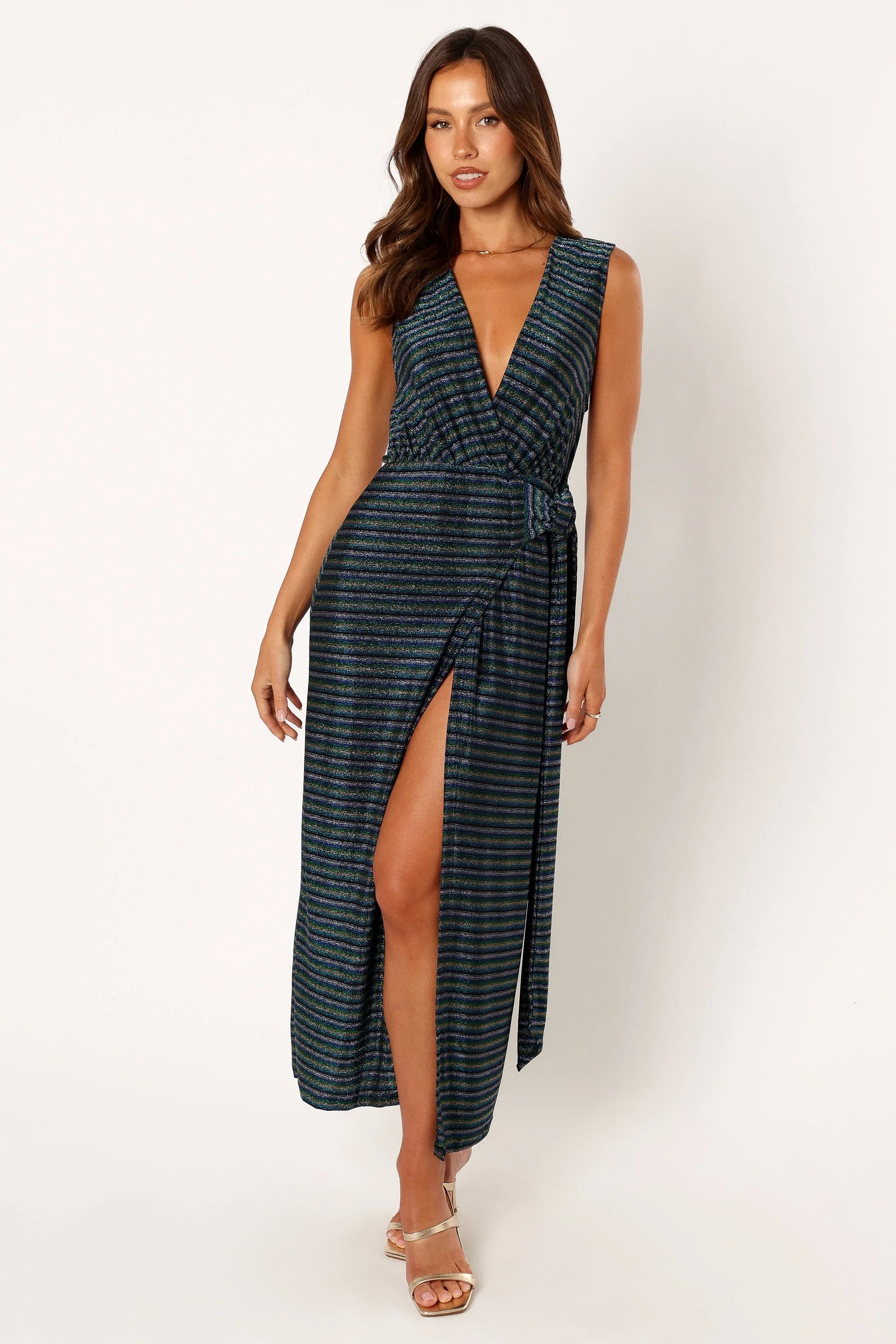 Tahlia Wrap Midi Dress Blue Gold Stripe