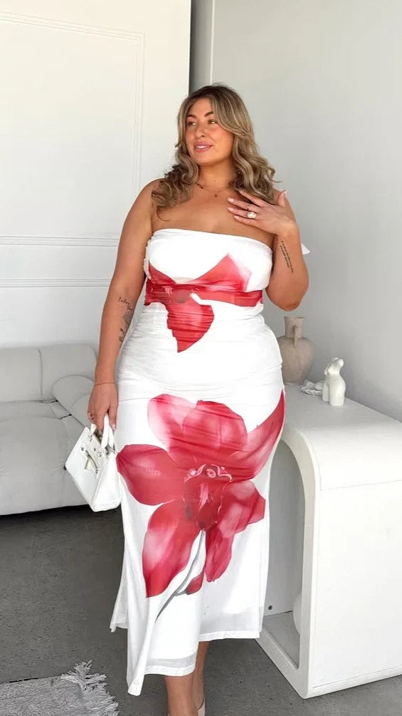 Brittani Strapless Maxi Dress White Red