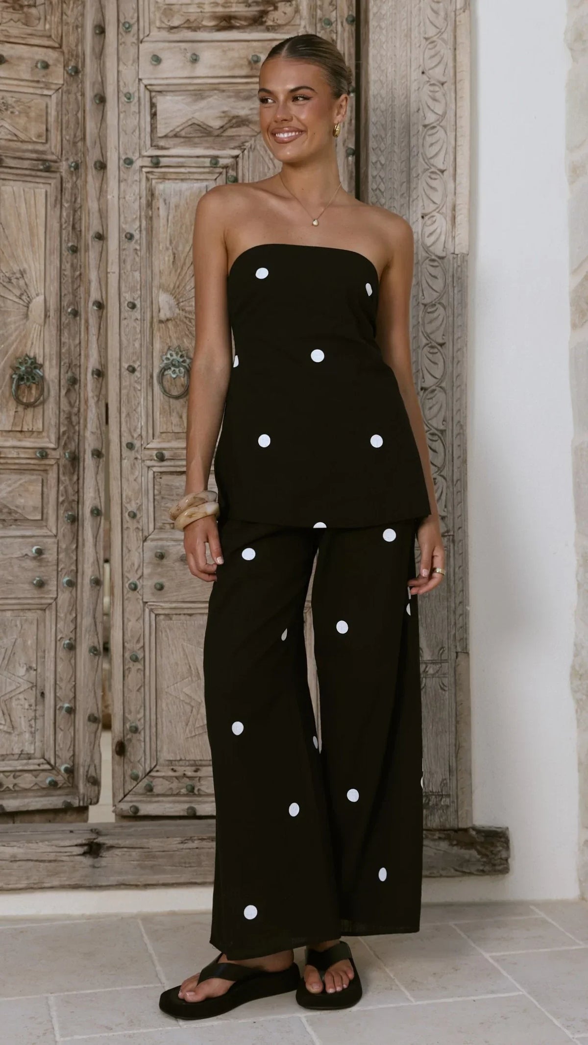 Kailani Strapless Top and Pants Set Black White Polka