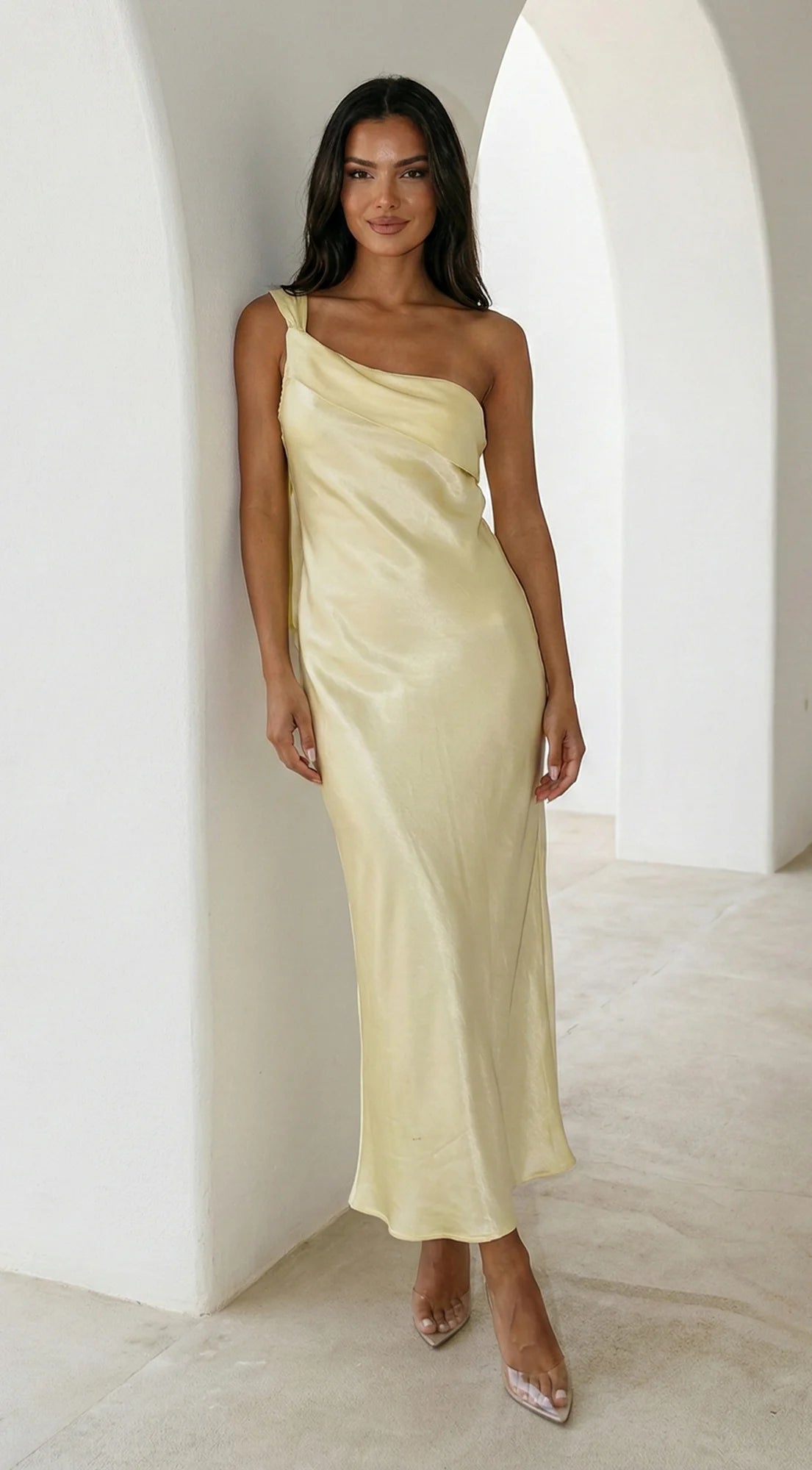 Valencia One Shoulder Satin Maxi Dress Butter Yellow