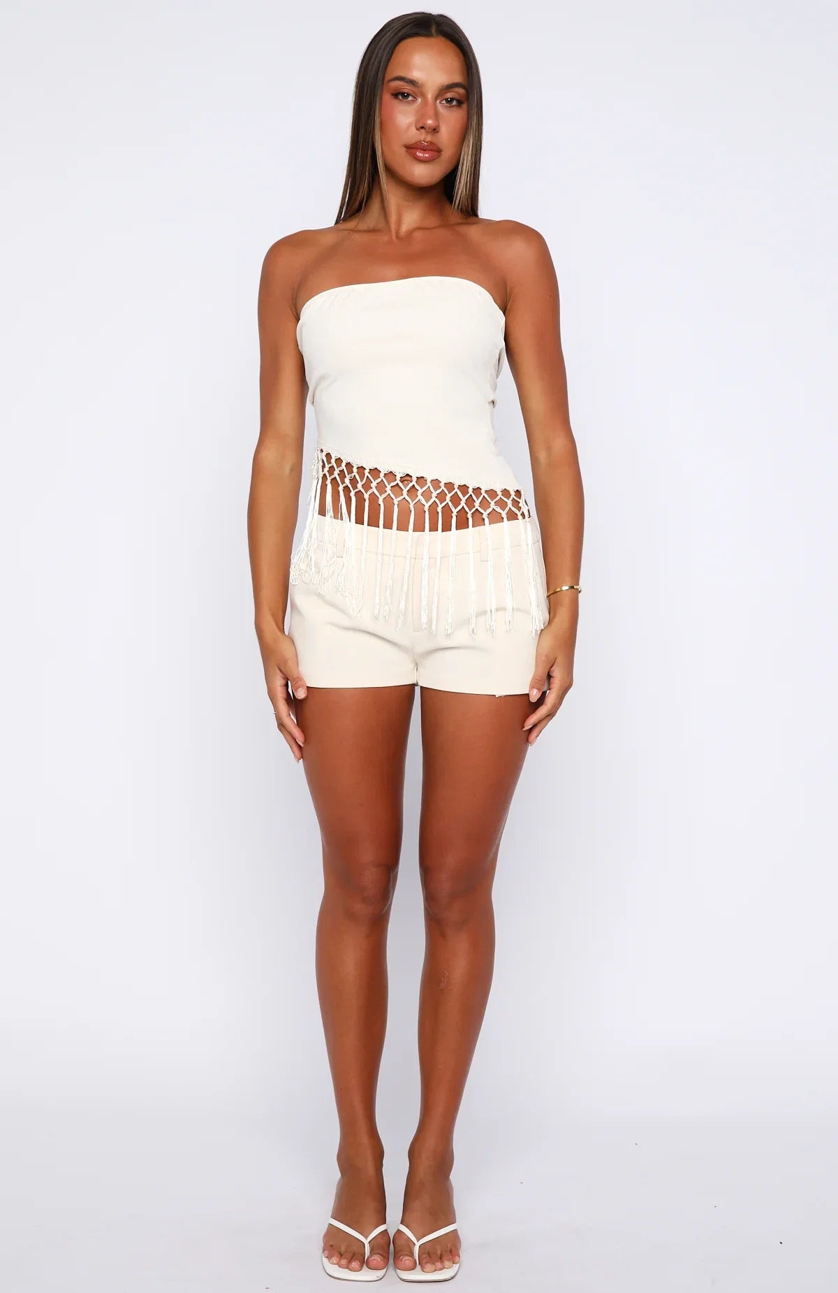 Sweet As Me Strapless Fringe Top Coconut
