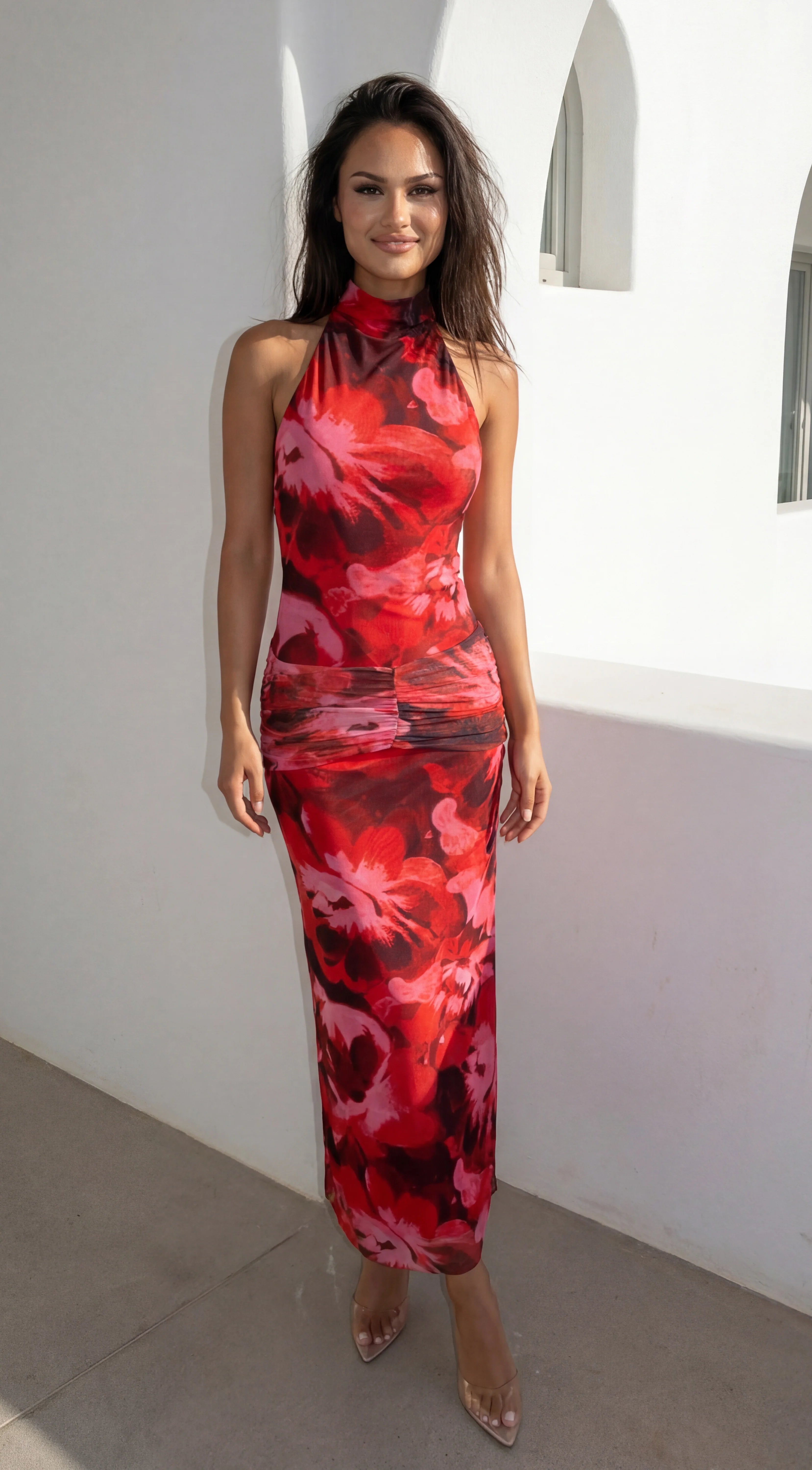 Sweet Escape Floral Print High Neck Maxi Dress Red Multi