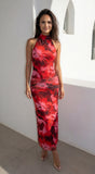 Sweet Escape Floral Print High Neck Maxi Dress Red Multi