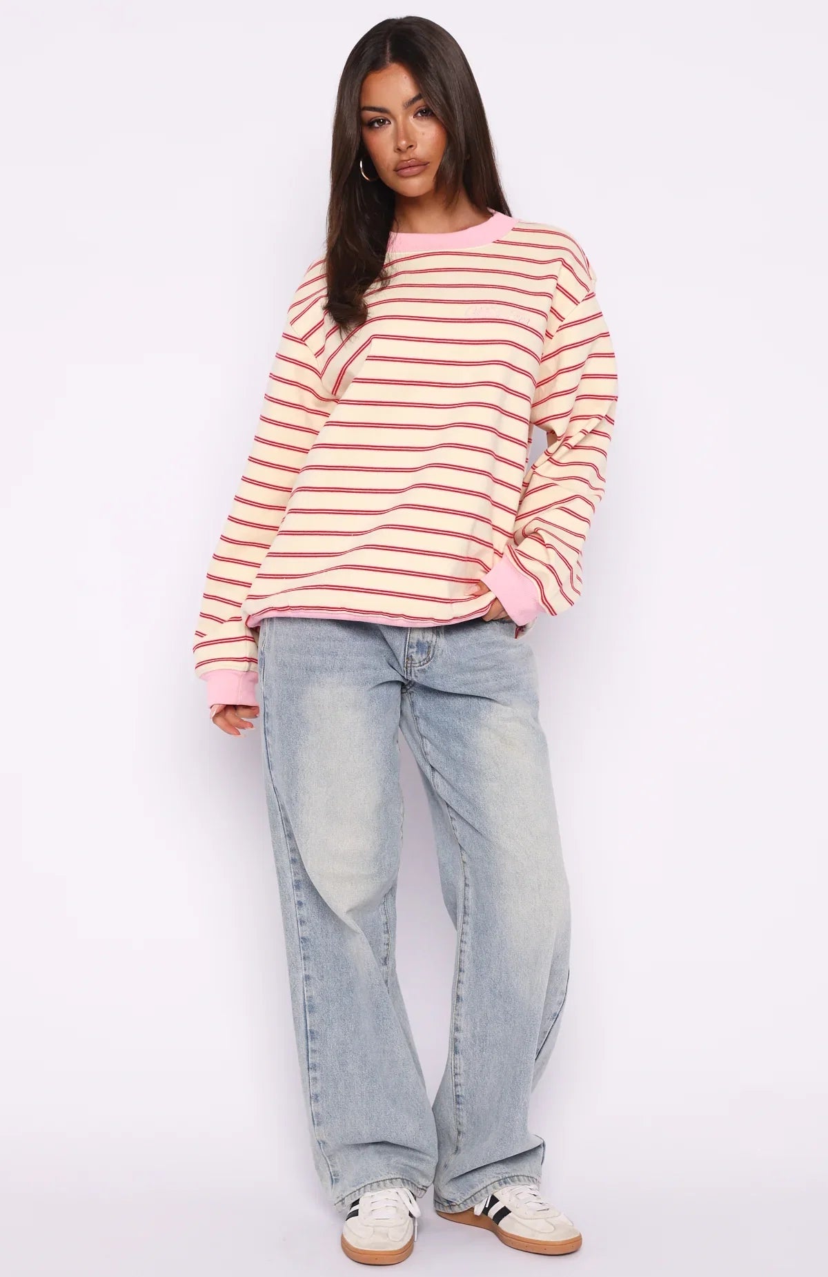 Happy Go Lucky Oversized Sweater Cream Red Stripe