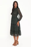 Edwina Shirred Frill Long Sleeve Midi Dress Olive Floral