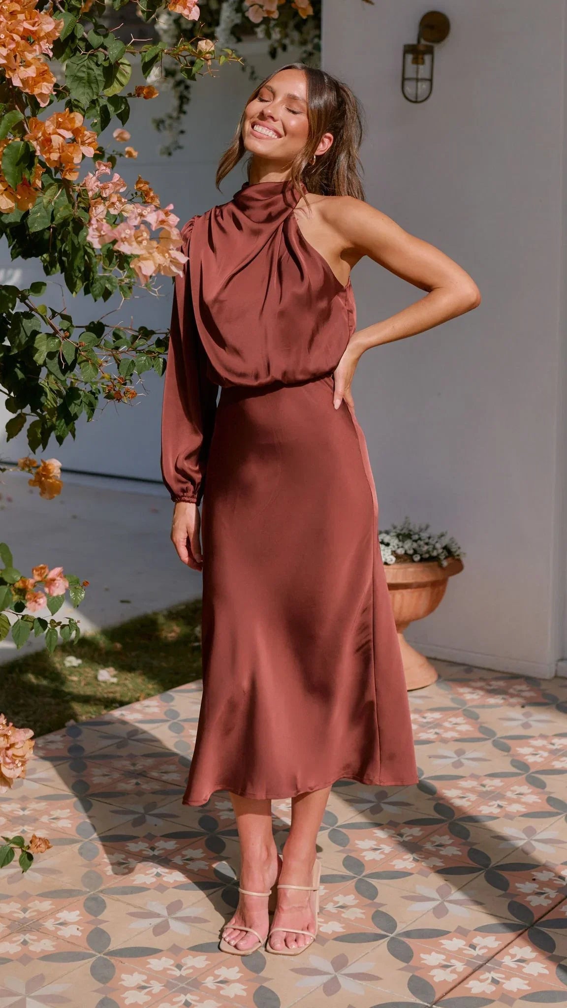 Esther One Shoulder Long Sleeve Dress Brown