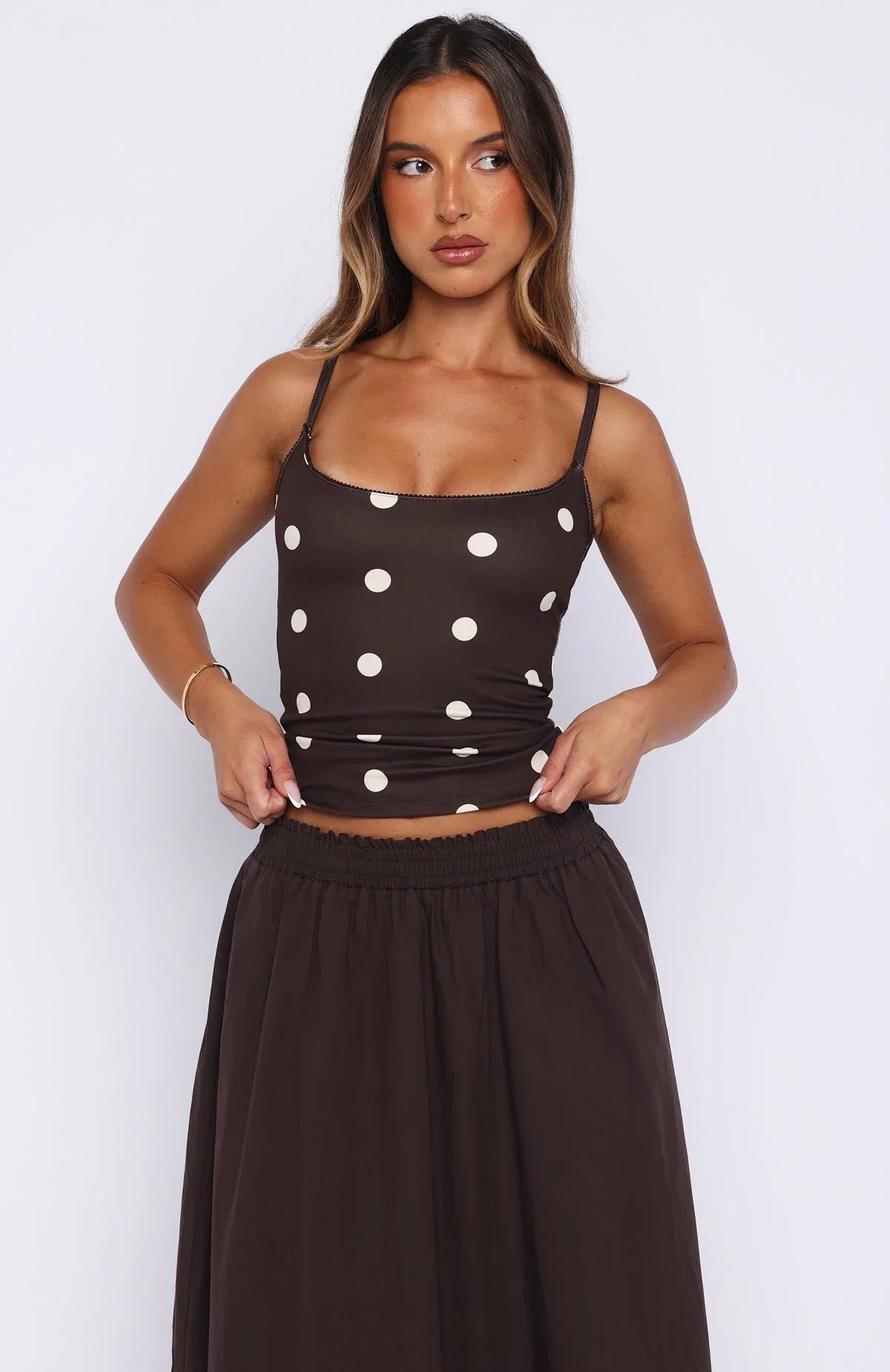 Im The Answer Tank Top Chocolate Off White Polka Dot