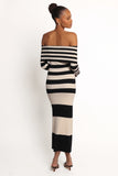 Banks Off Shoulder Knit Dress Black Cream Stripe