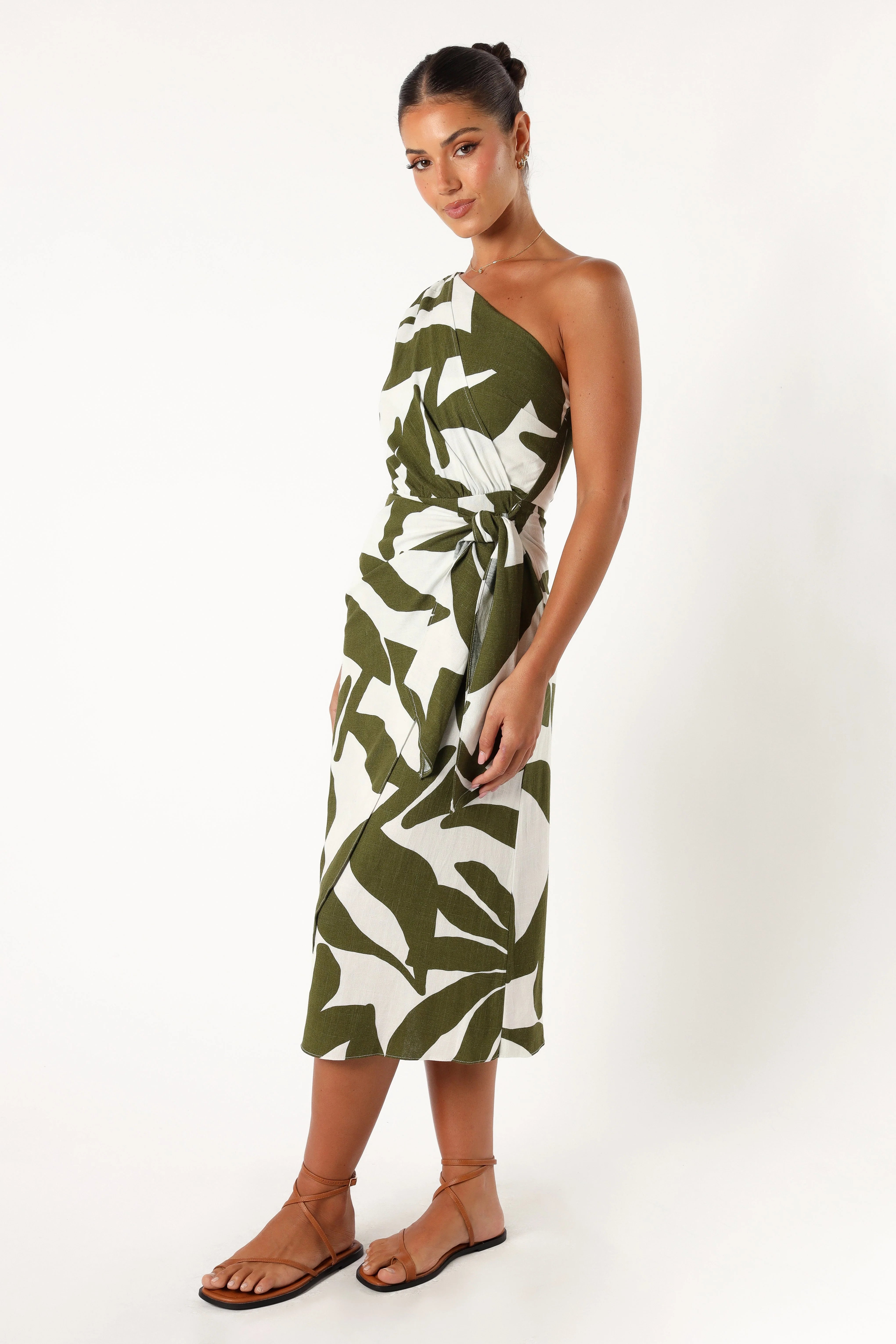 Zara One Shoulder Midi Dress Olive Palm