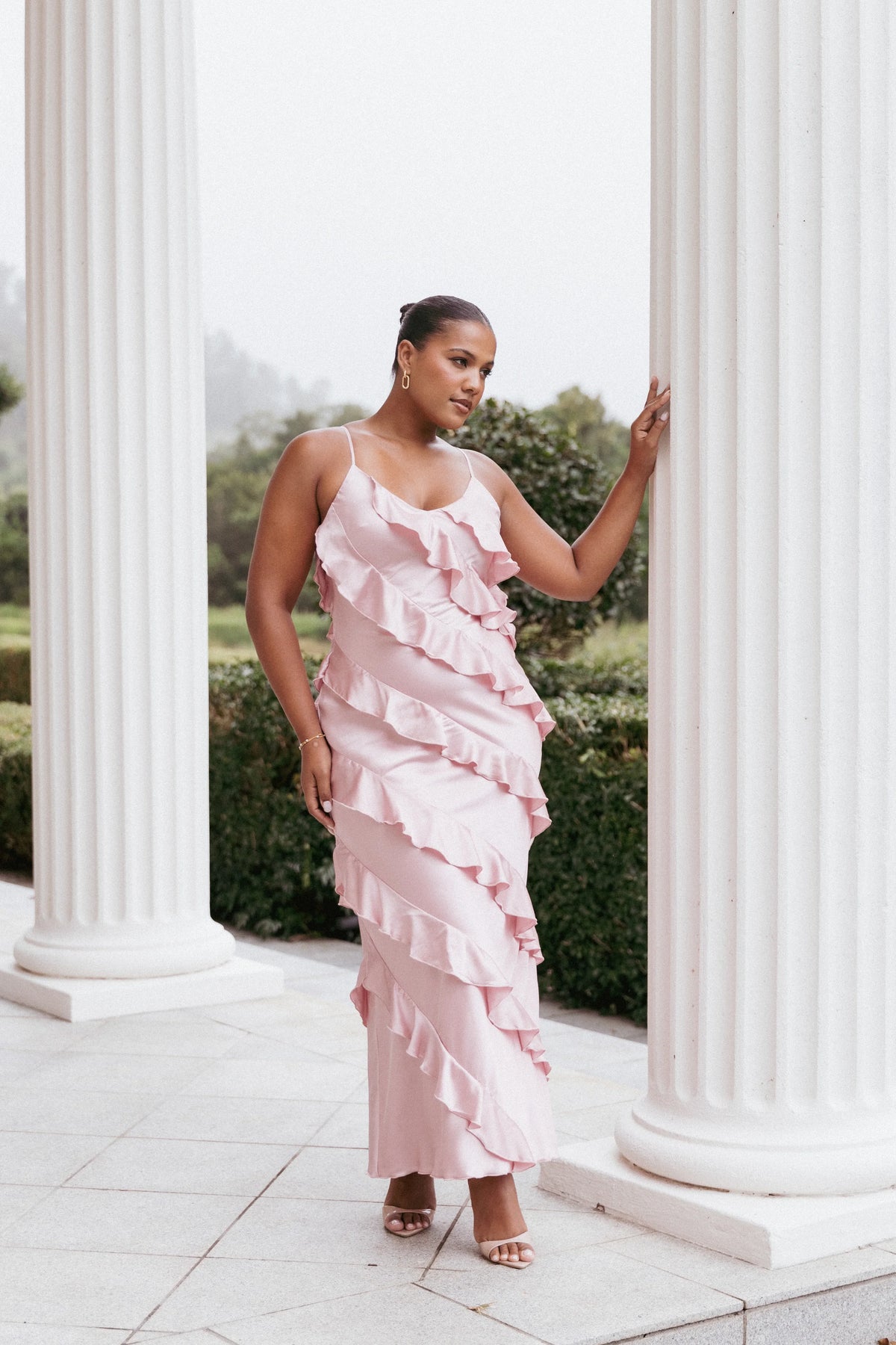 Ciao Ruffles Maxi Satin Dress Pink