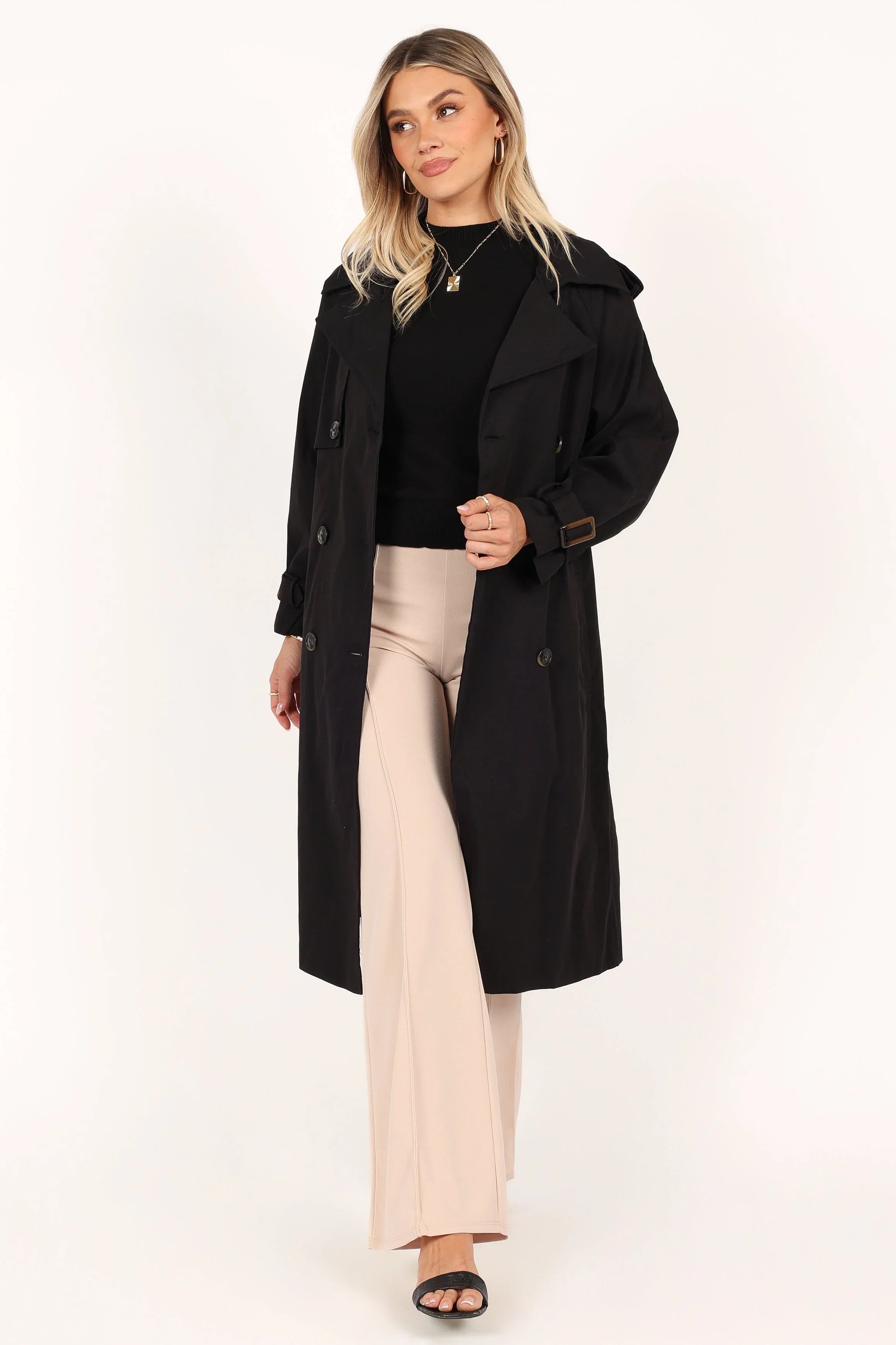 Trina Button Front Trench Coat Black