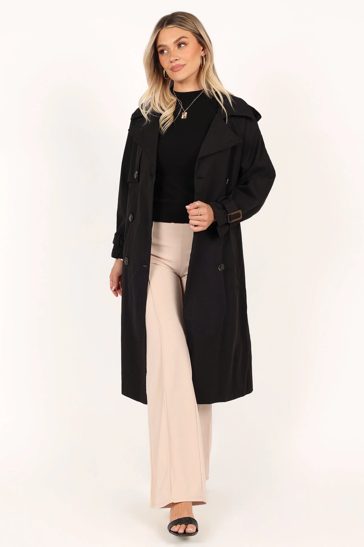 Trina Button Front Trench Coat Black