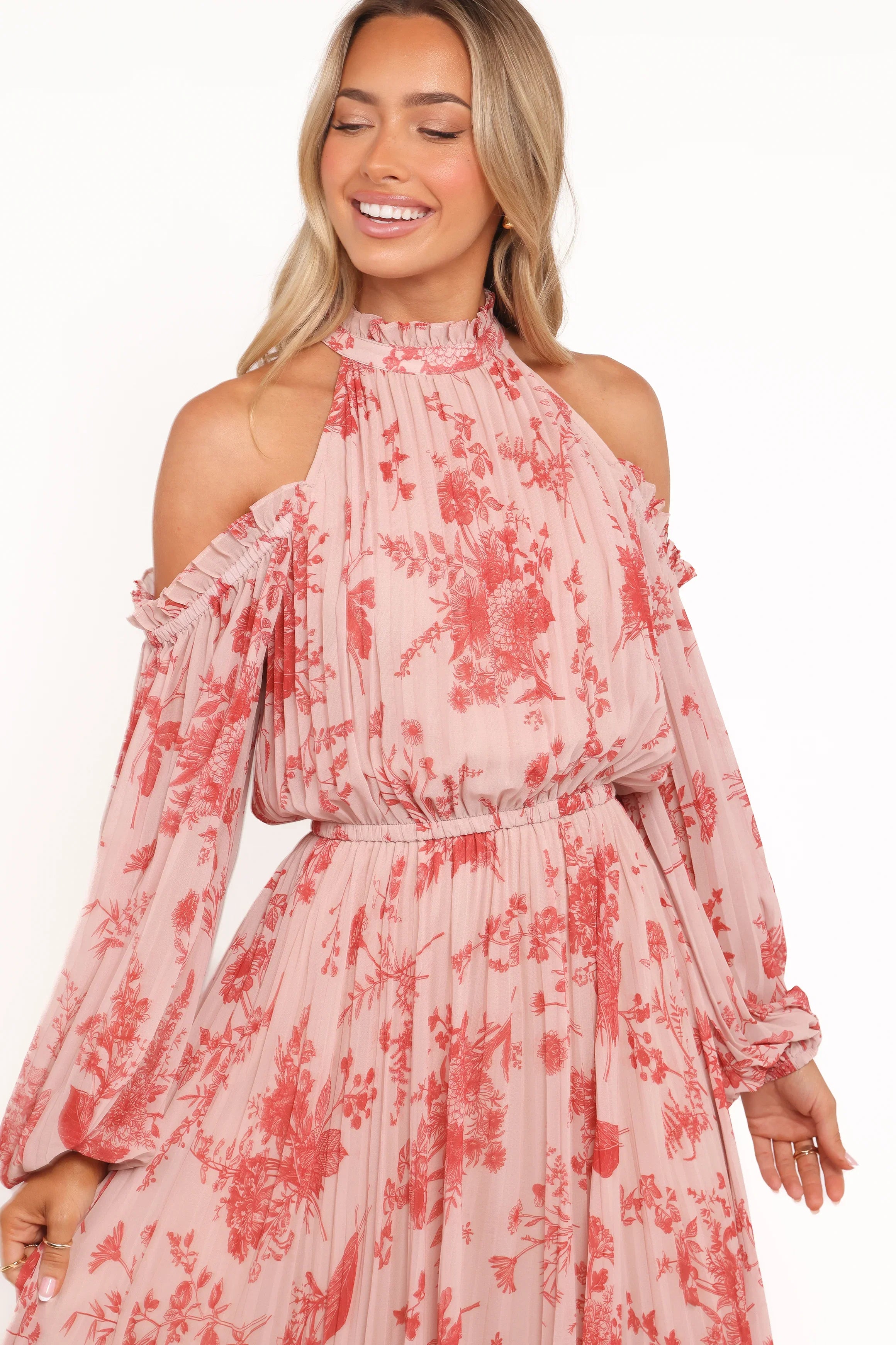 Hilary Pleated Maxi Dress Red Floral