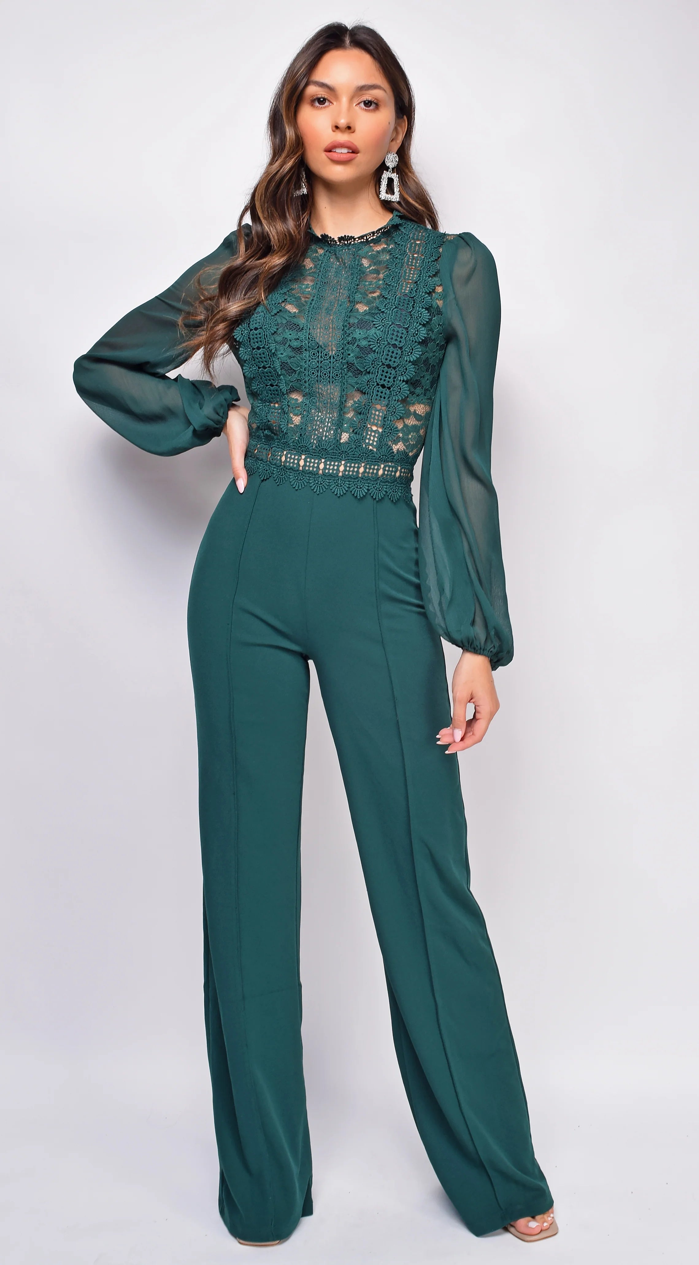 Nerine Crochet Lace Mesh Jumpsuit Hunter Green