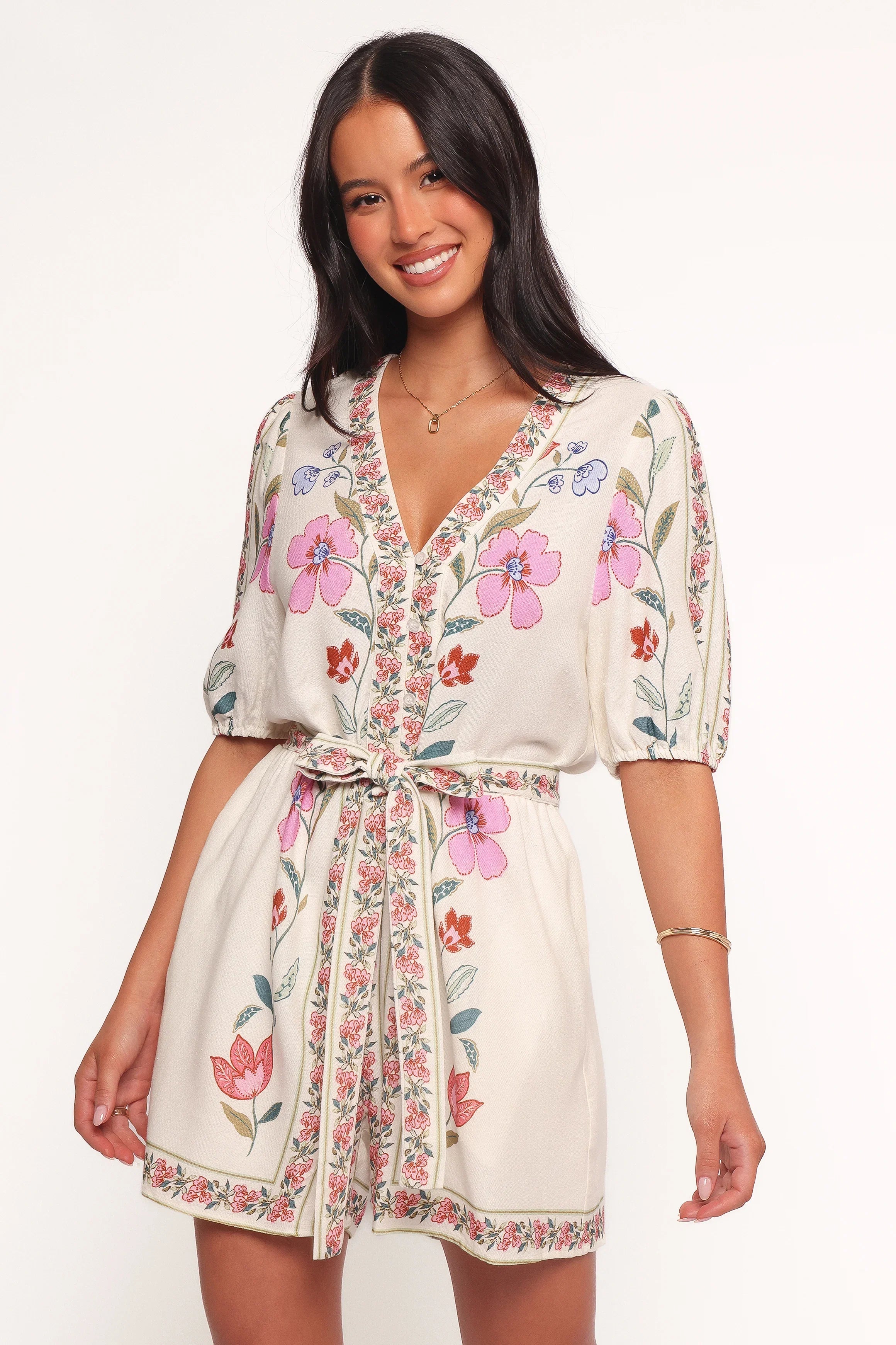 Ginger Tie Waist Romper Pink Multi