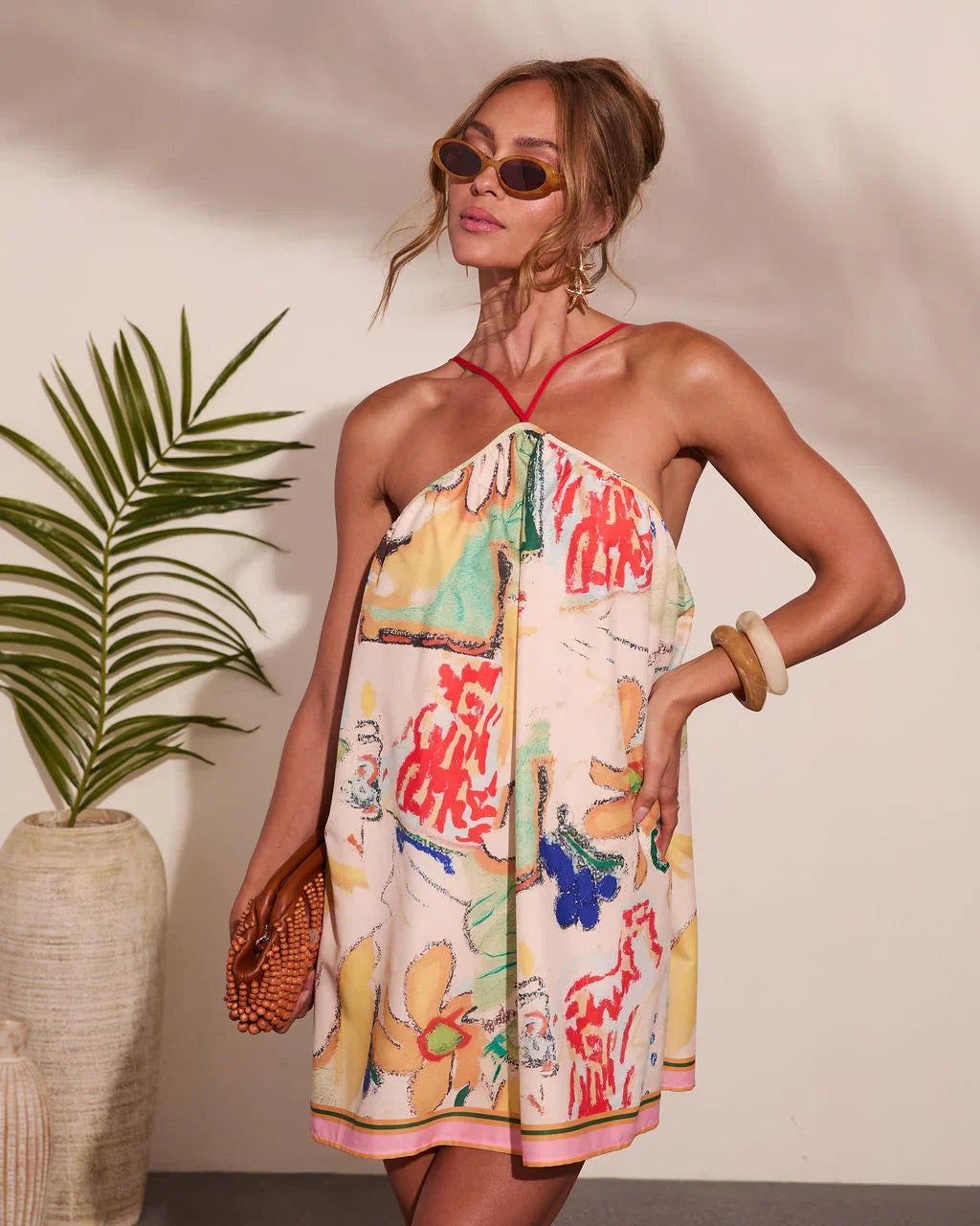 Sunlit Splash Abstract Print Halter Neck Mini Dress