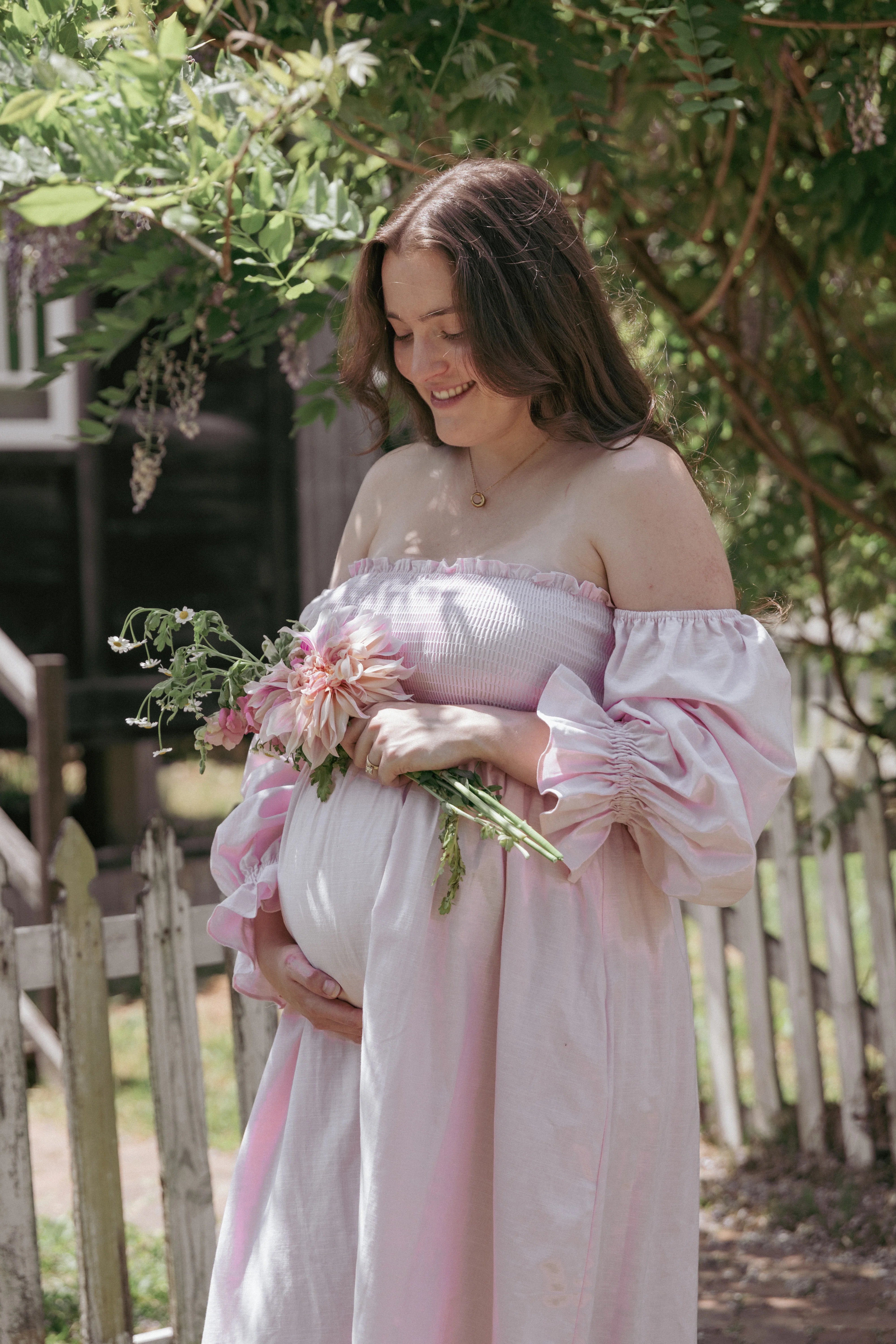 Domenica Shirred Long Sleeve Midi Dress Pink