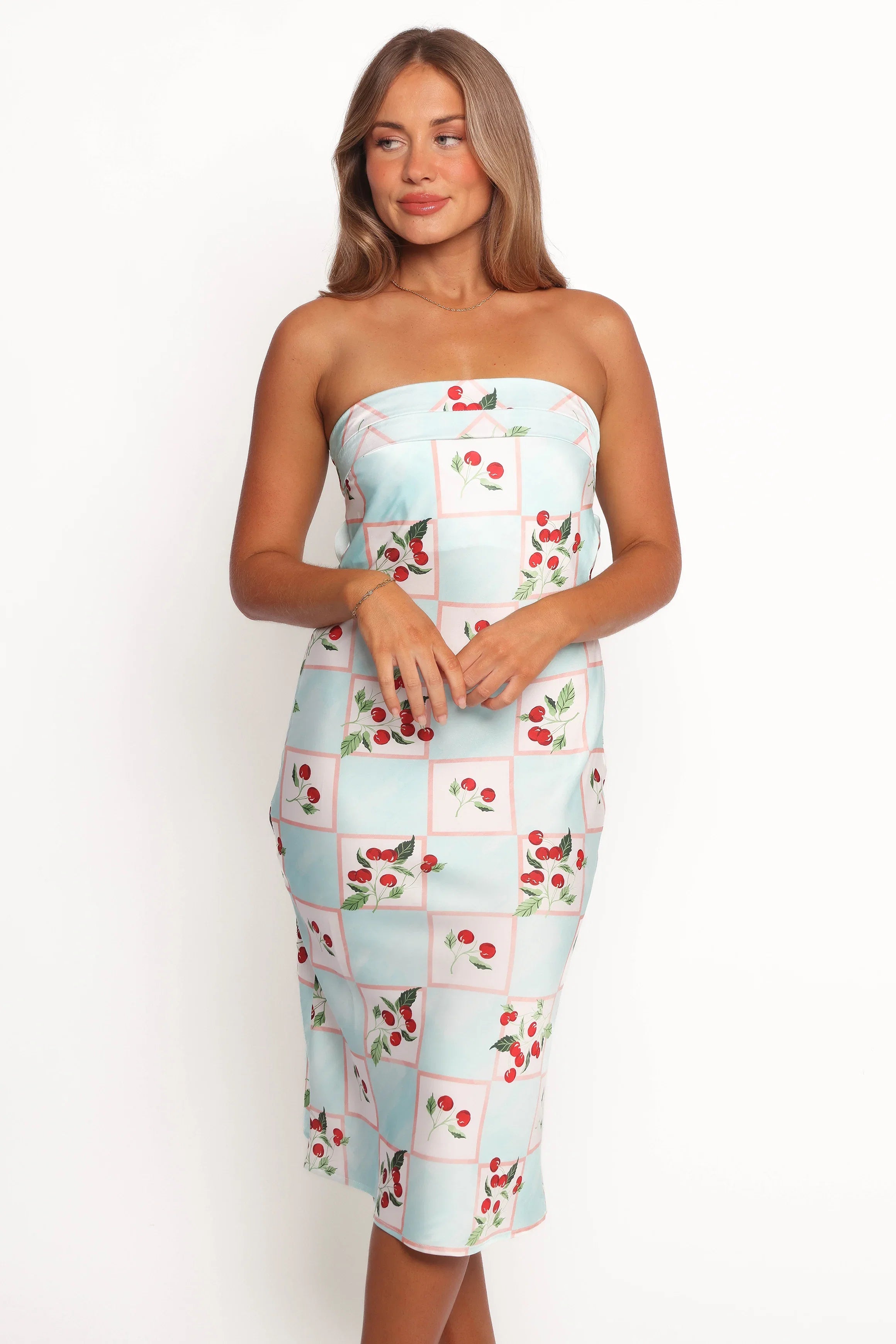 Benton Strapless Midi Dress Cherry Print