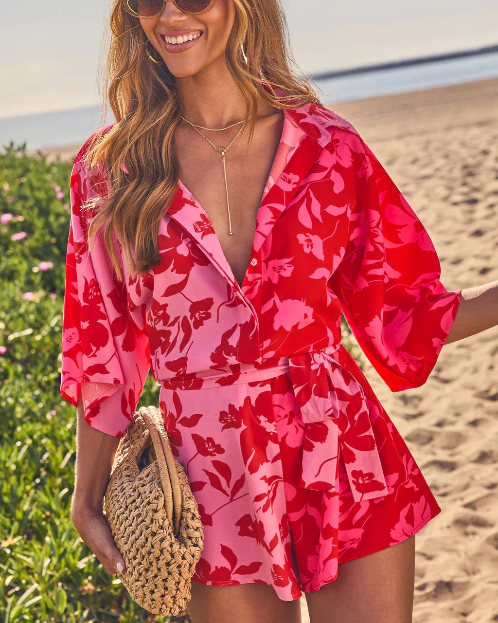 Shaney Color Block Waist Tie Floral Romper