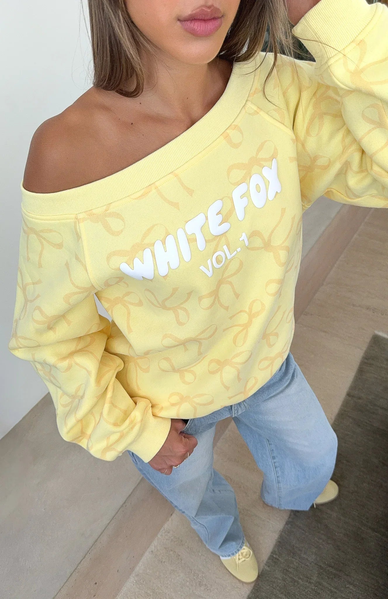 Vol 1 Off Shoulder Printed Sweater Lemon Bow
