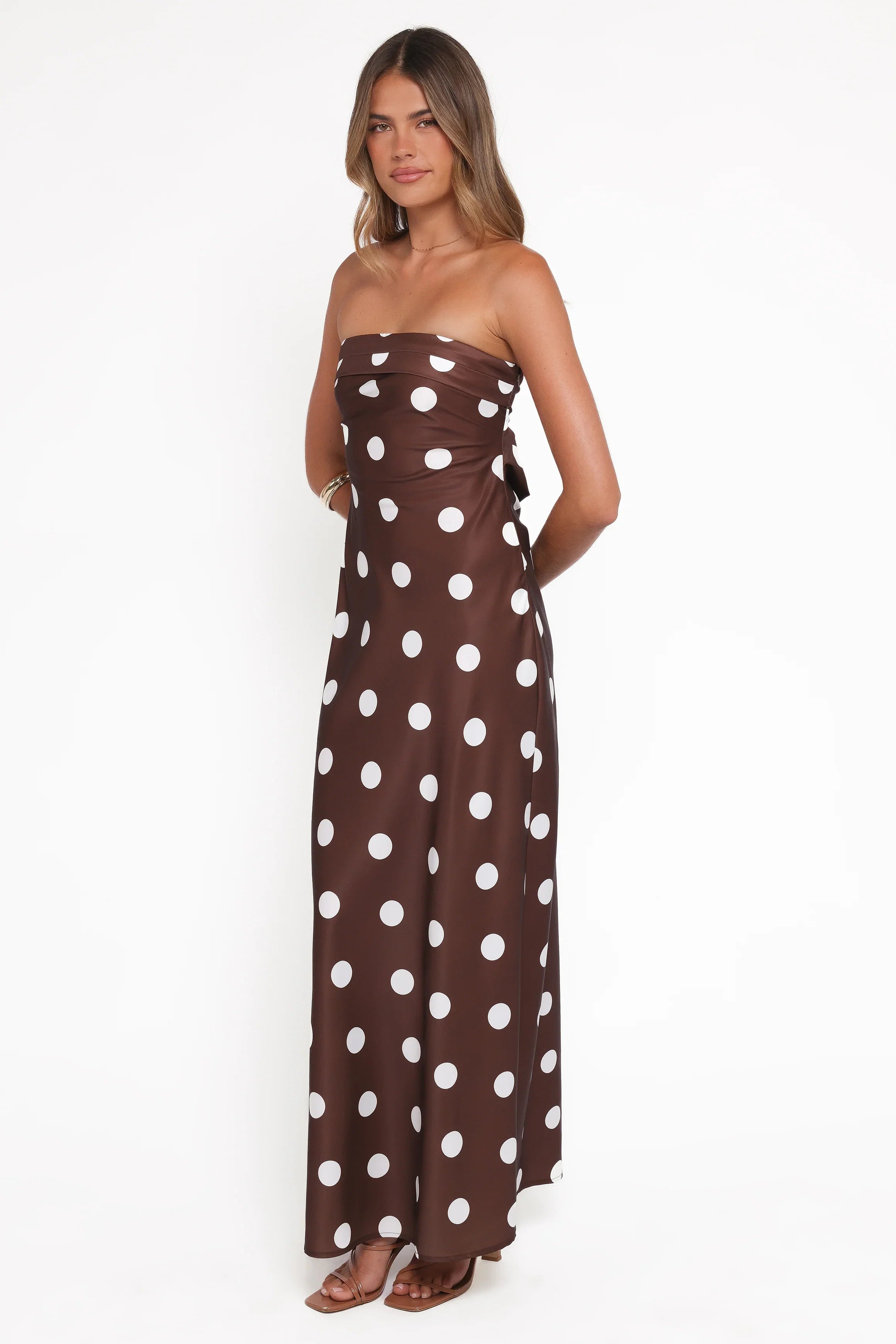 Remmie Strapless Maxi Dress Brown Polka Dot