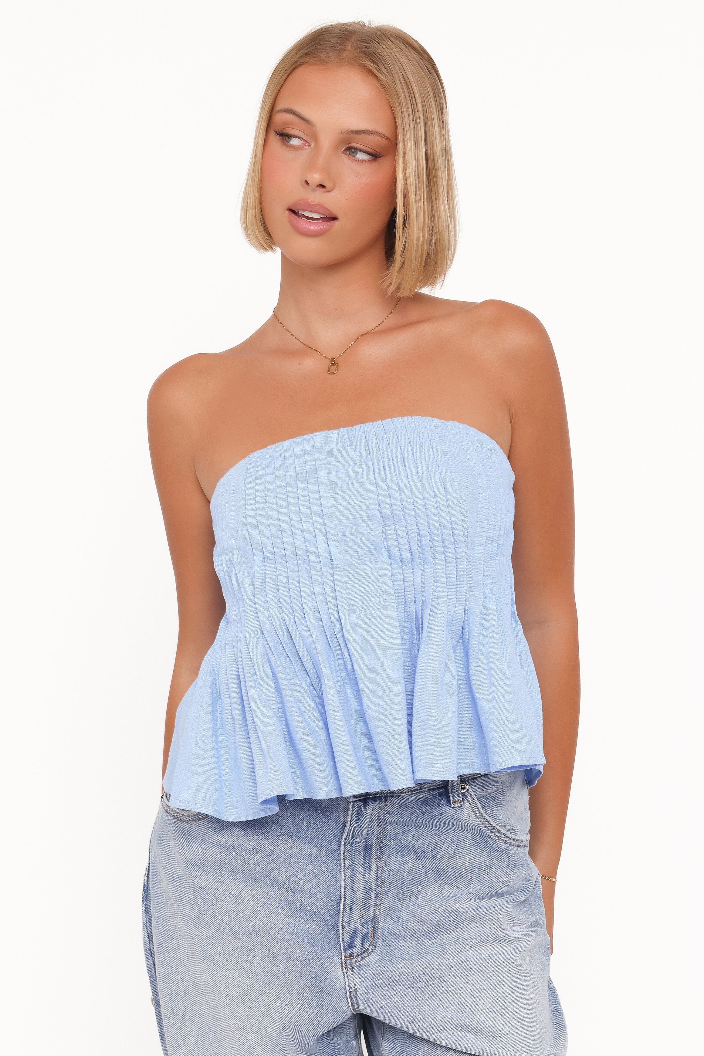 Cagnes Strapless Peplum Top Blue