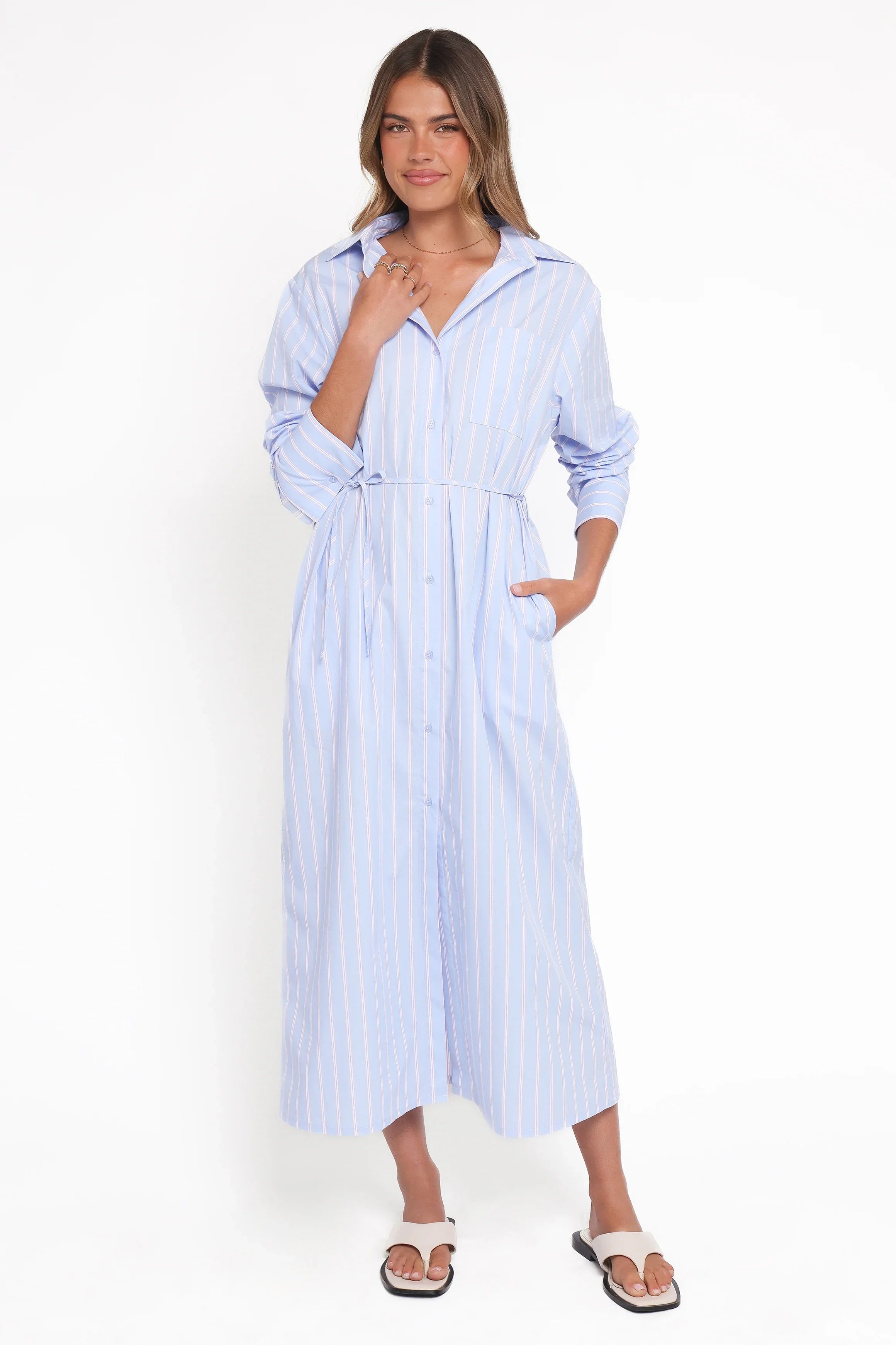 Harlan Long Sleeve Midi Dress Blue Pink Stripe