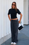 Making Appearances Mid Rise Lace Up Straight Leg Jeans Black Acid Wash