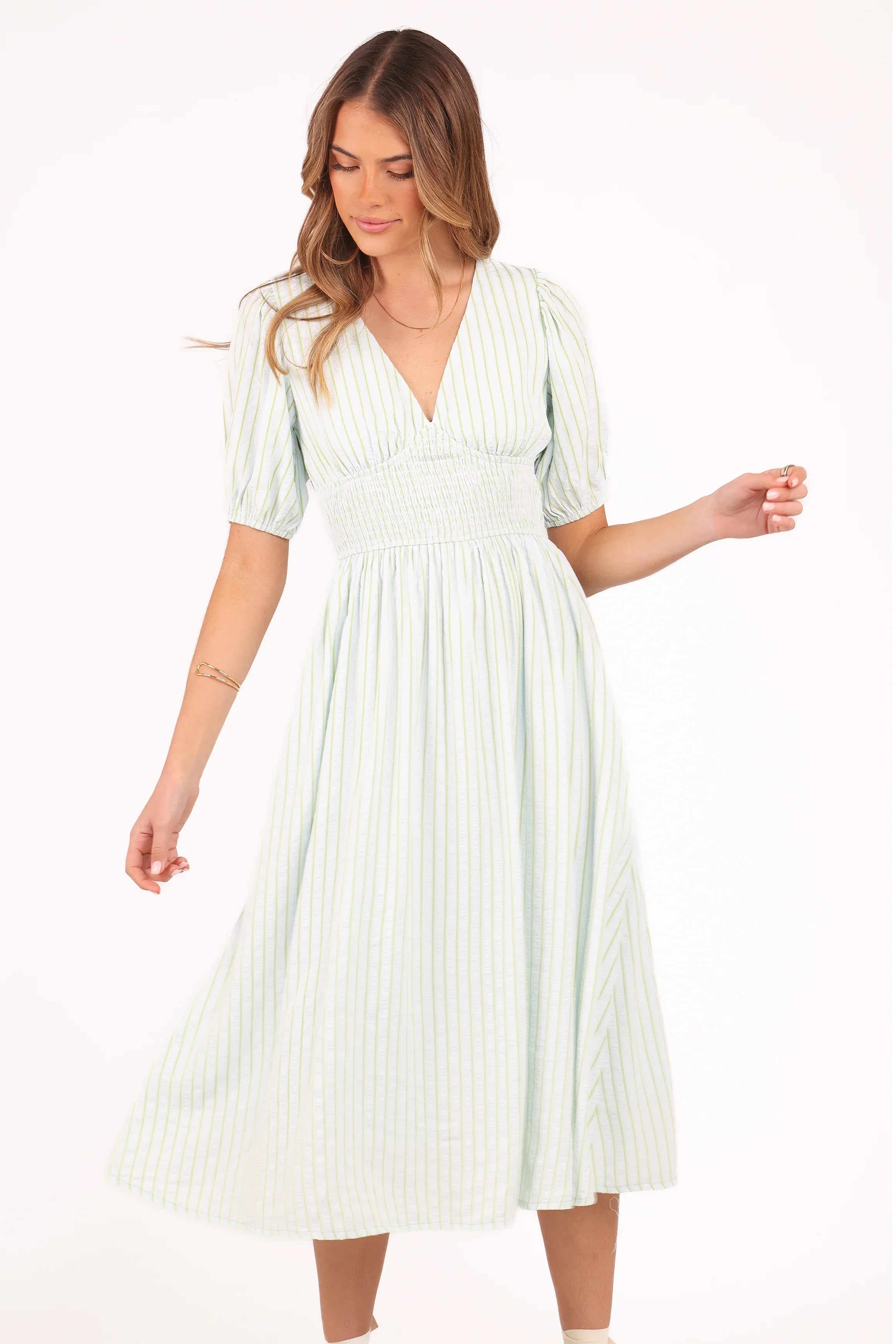 Ronnie Short Sleeve Midi Dress Green Blue Stripe