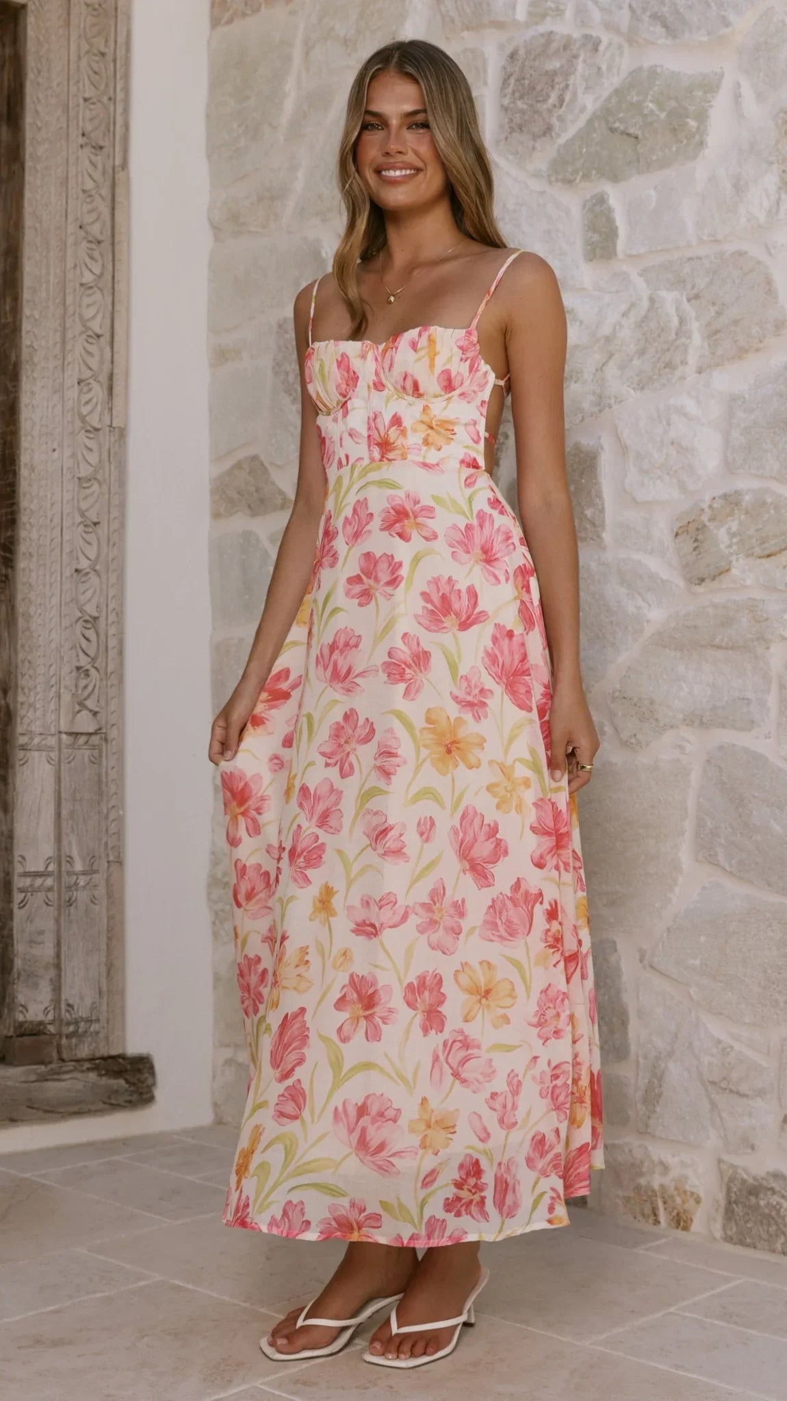 Rahima Maxi Dress Pink Yellow Flower