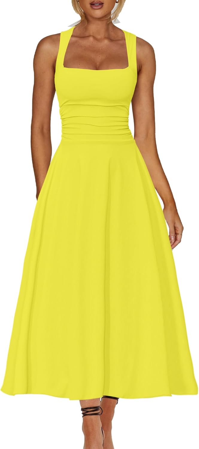 A Line Maxi Dress Ruffle Ruched Waist Flowy Long Dresses