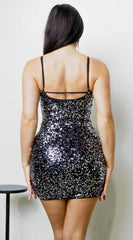 Kalise Halter Sequin Mini Dress Black Silver