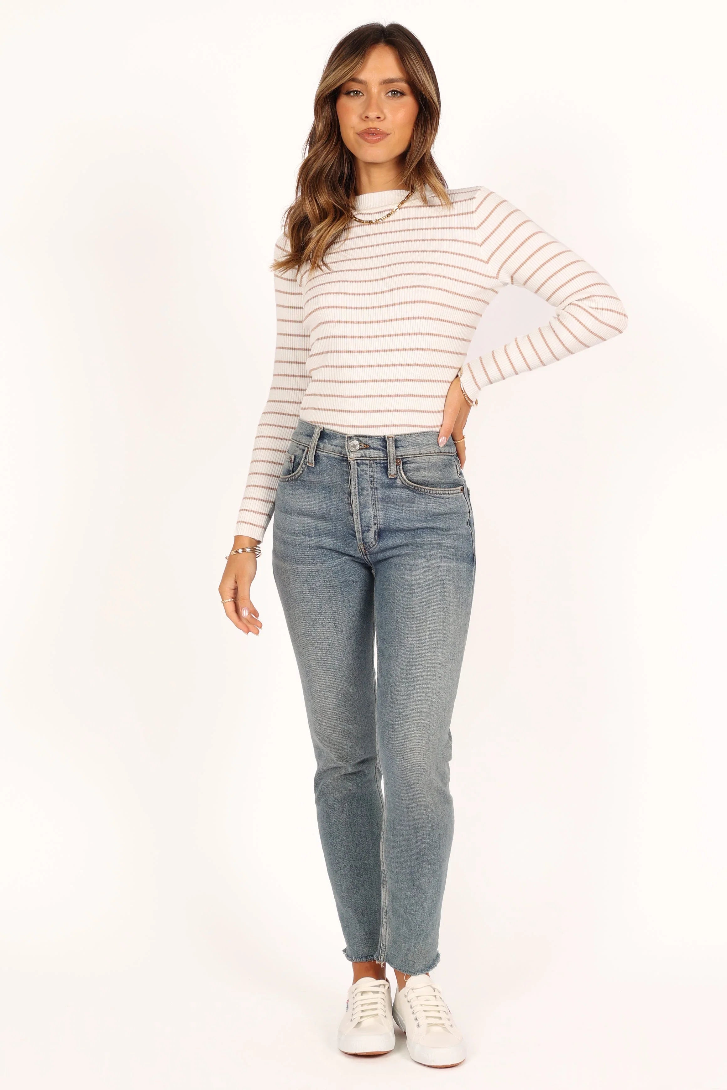Stacie Ribbed Knit Top Beige Stripe