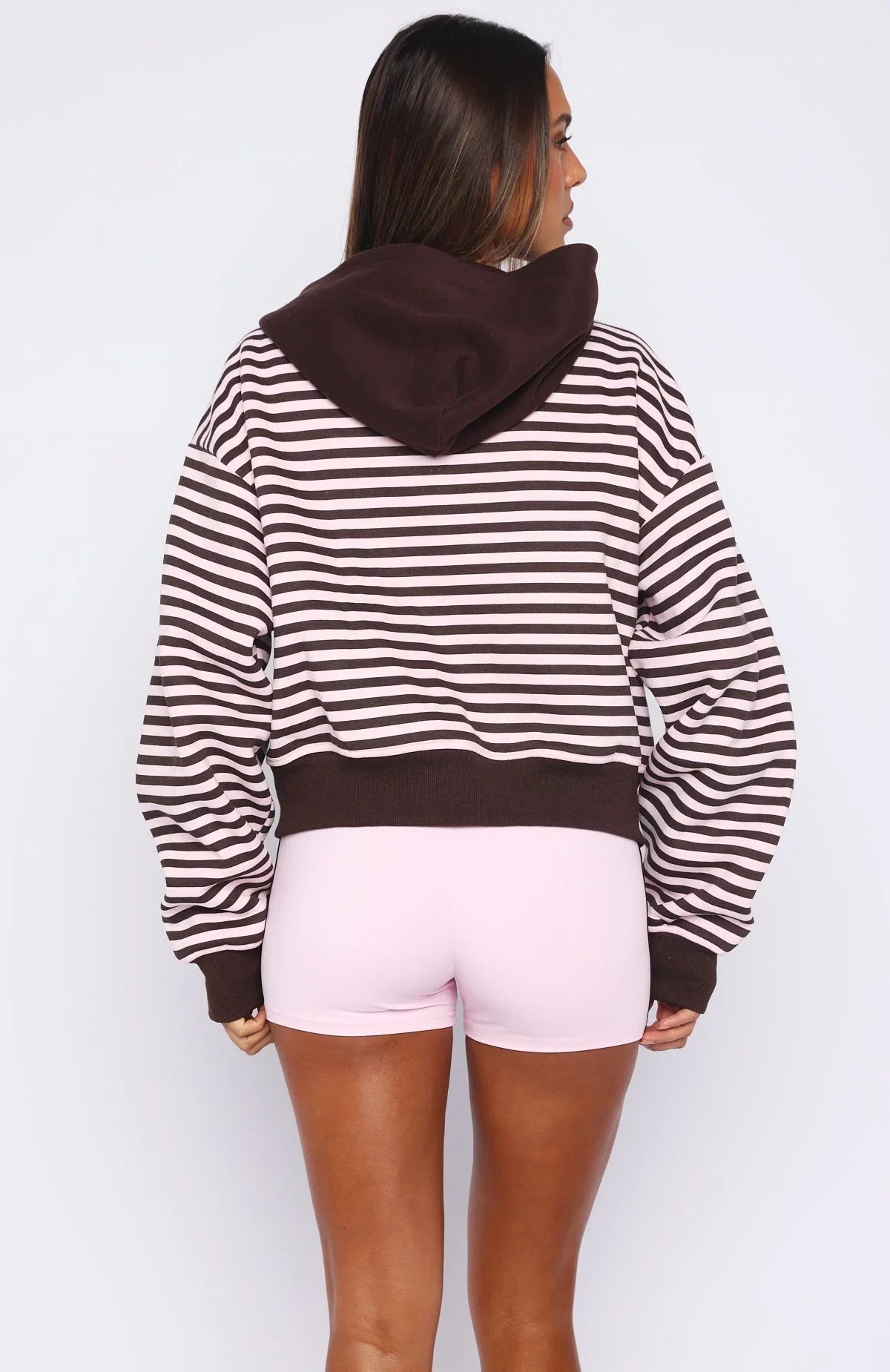 Verano Sixteen Maria Boxy Zip Front Hoodie Pink Choc Stripe