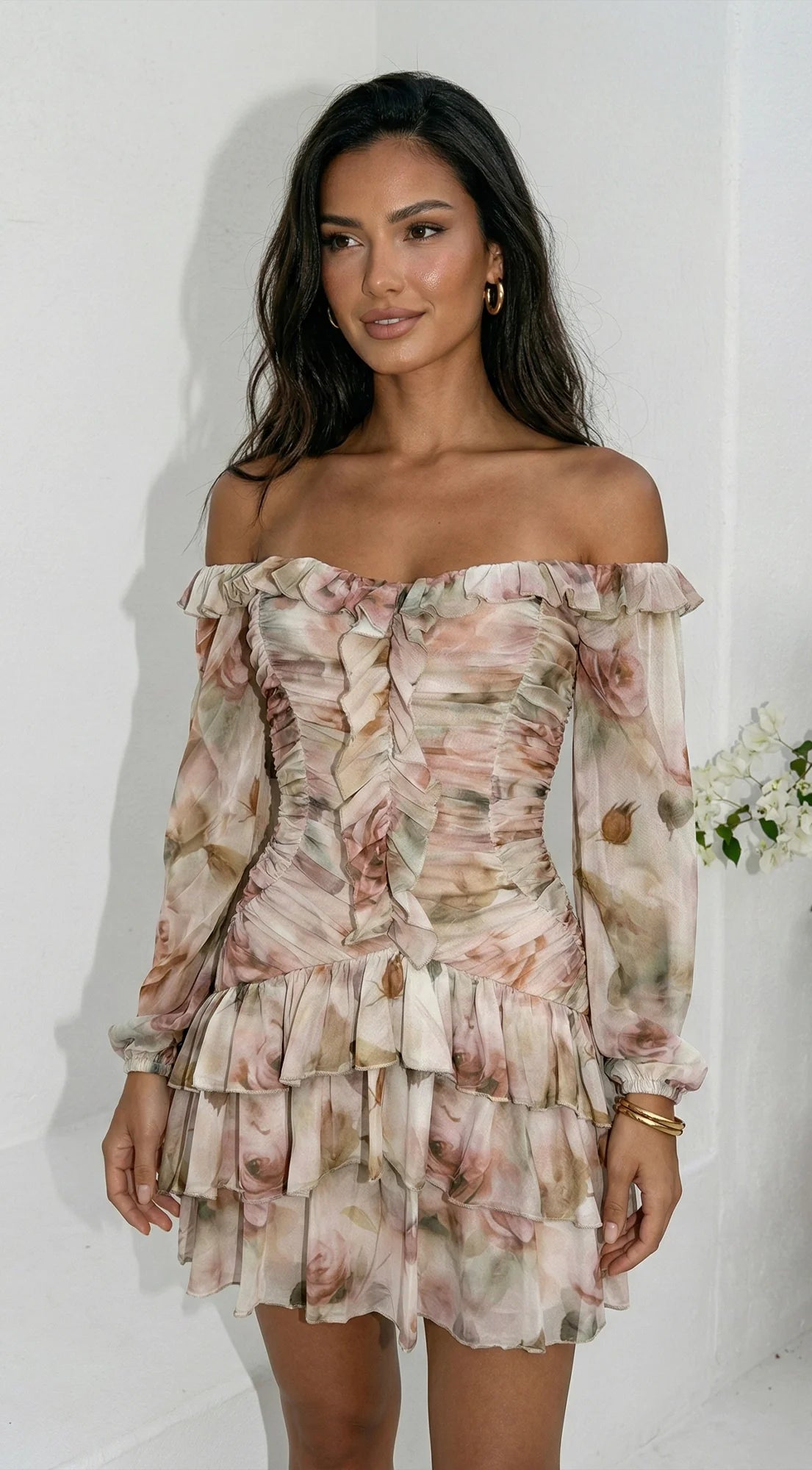 Sorrento Garden Floral Off Shoulder Ruffle Mini Dress Beige Multi
