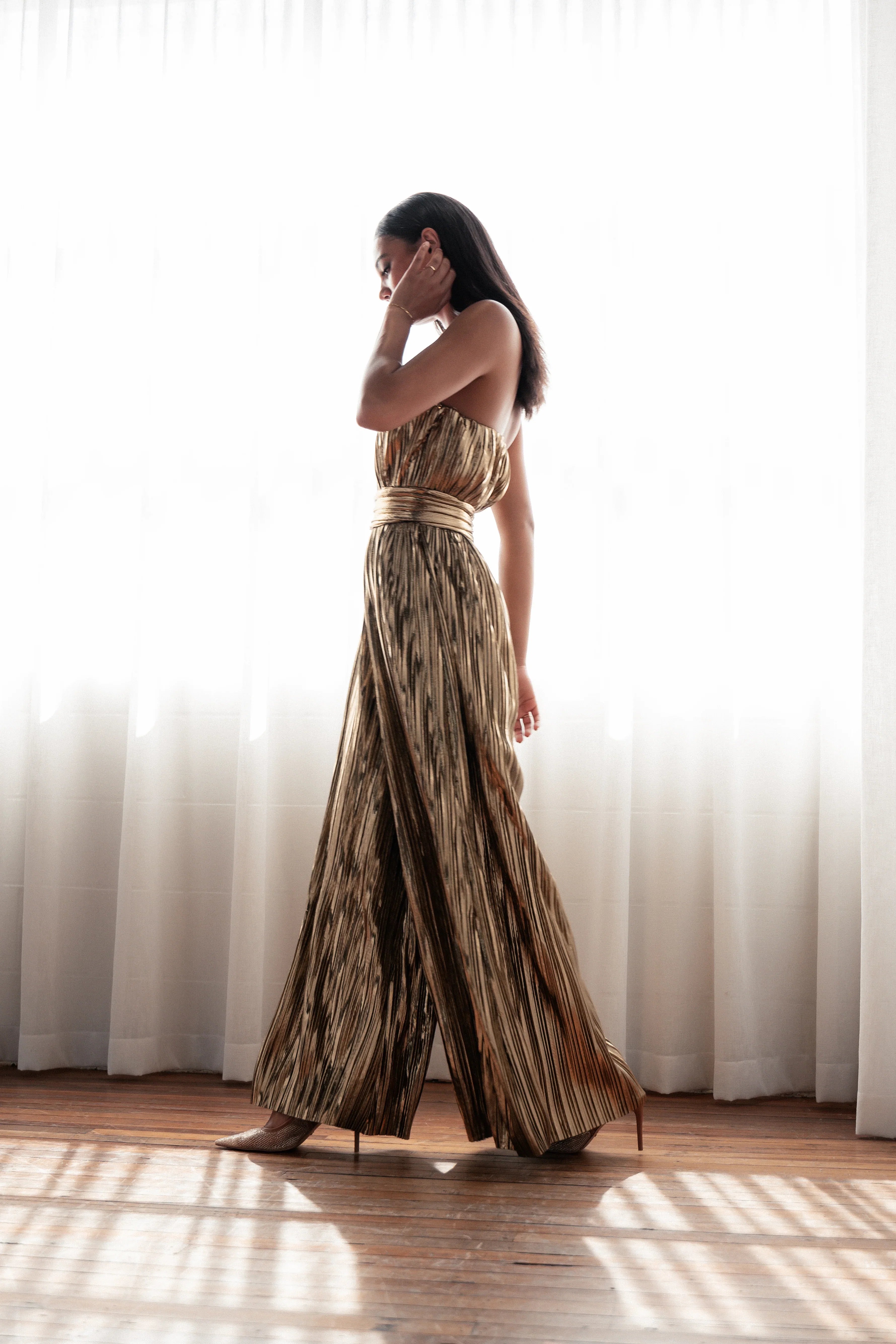 Kerry Pleat Jumpsuit Gold