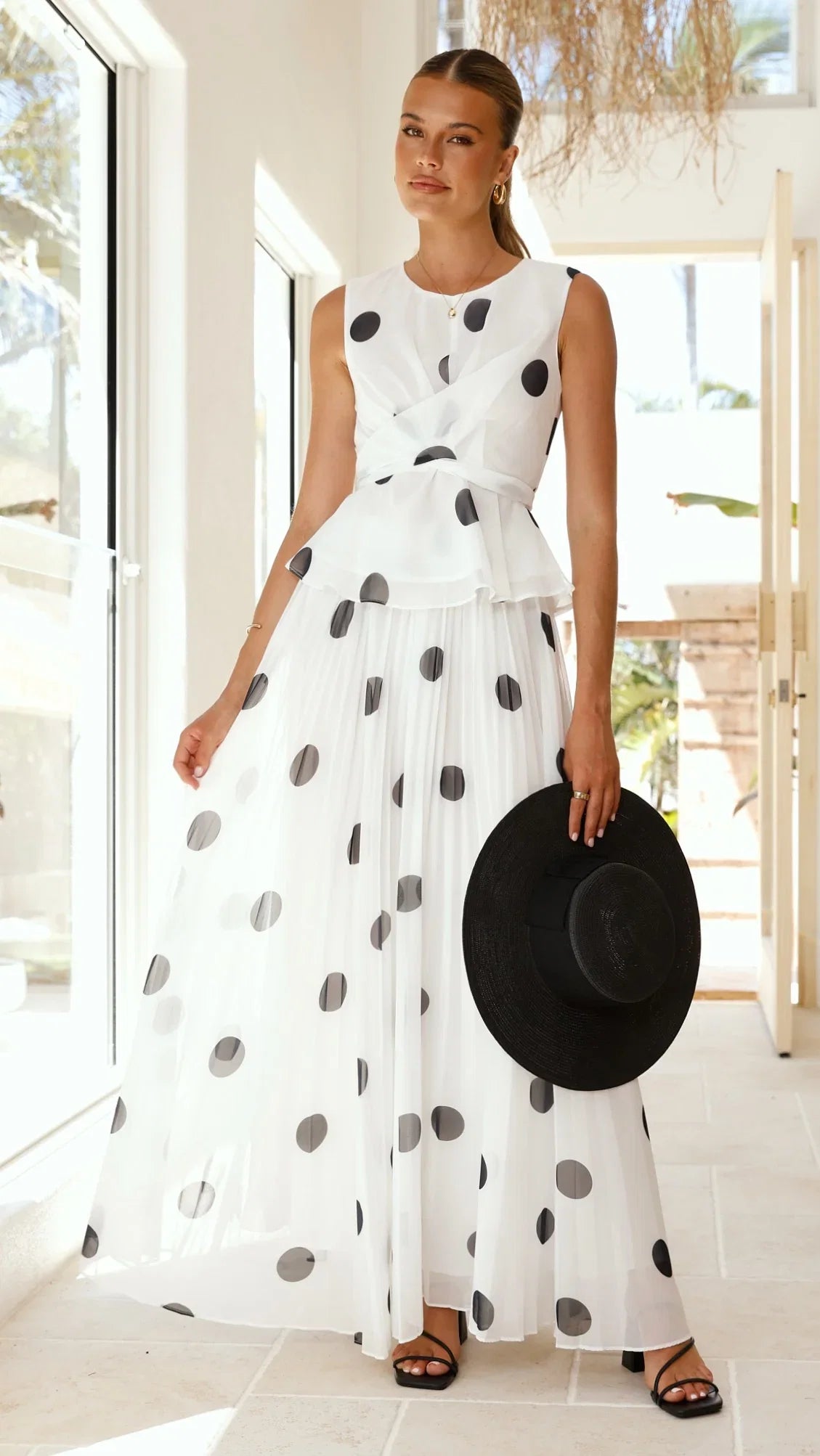 Cambree Peplum Top and Maxi Skirt Set White Black Polka Dot