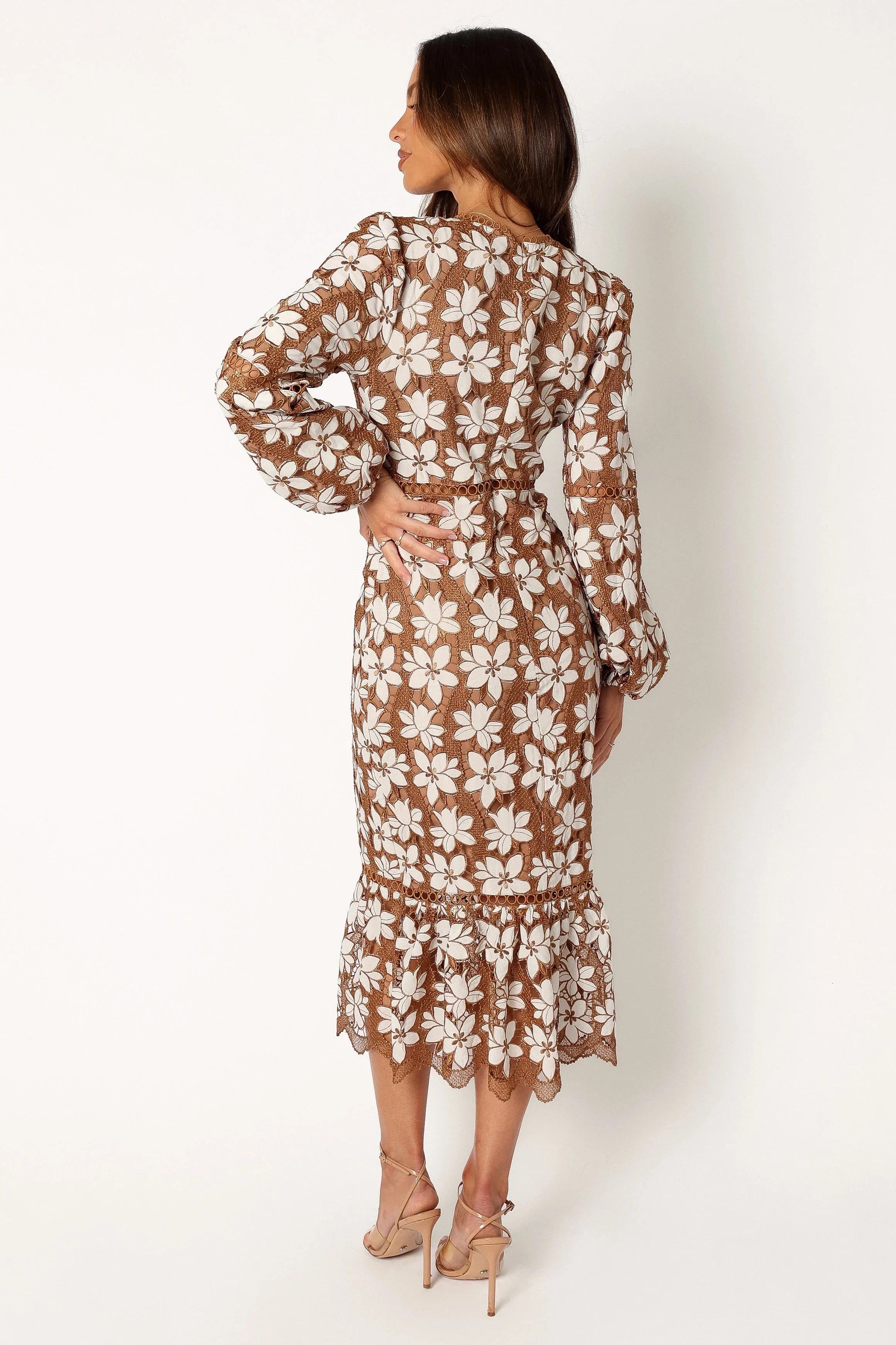 Pierre Long Sleeve Lace Maxi Dress Mocha
