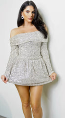 Kalyra Off Shoulder Balloon Top Skirt Set Beige