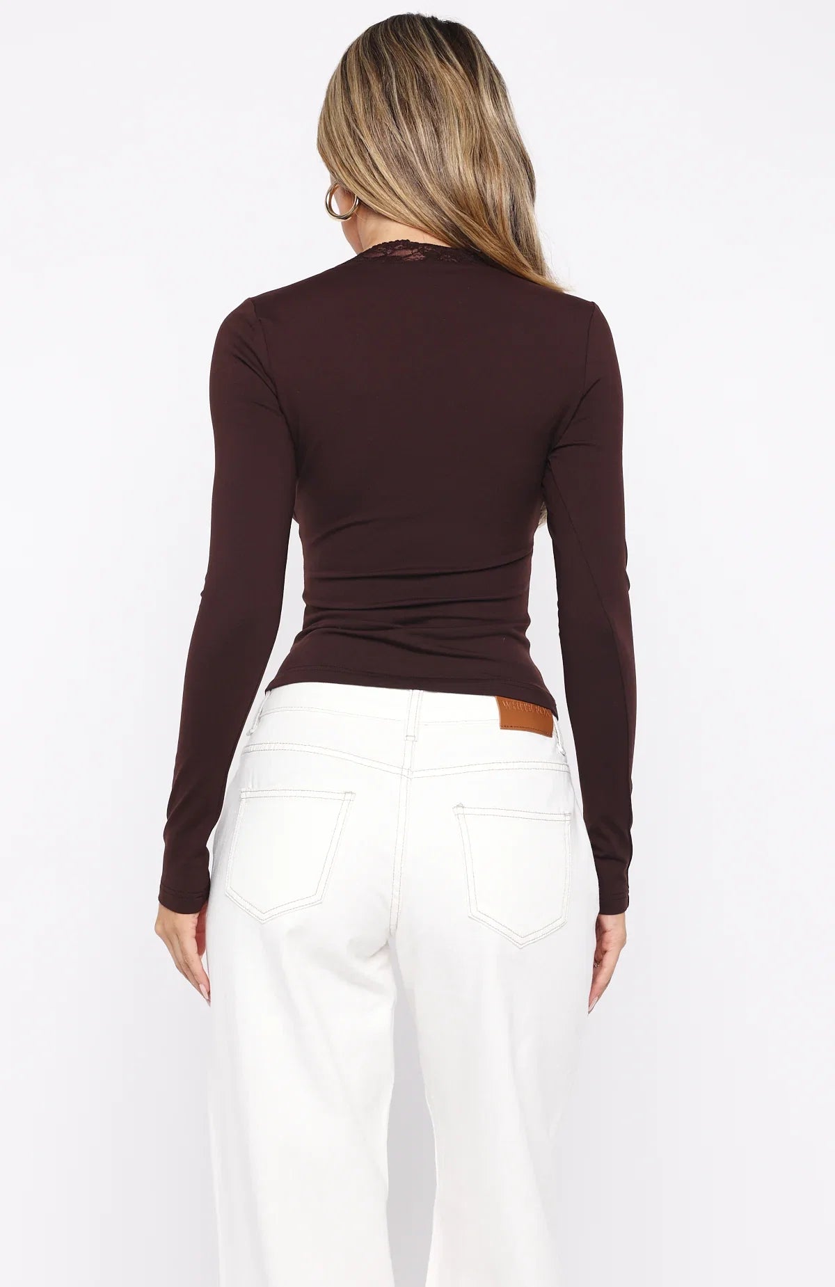 Knew That All Along Lace Trim Long Sleeve Top Chocolate