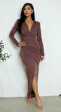 Xena Wrap Long Sleeve Maxi Dress Brown