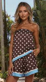 Tariana Strapless Asymmetrical Top and Shorts Set Brown Polka