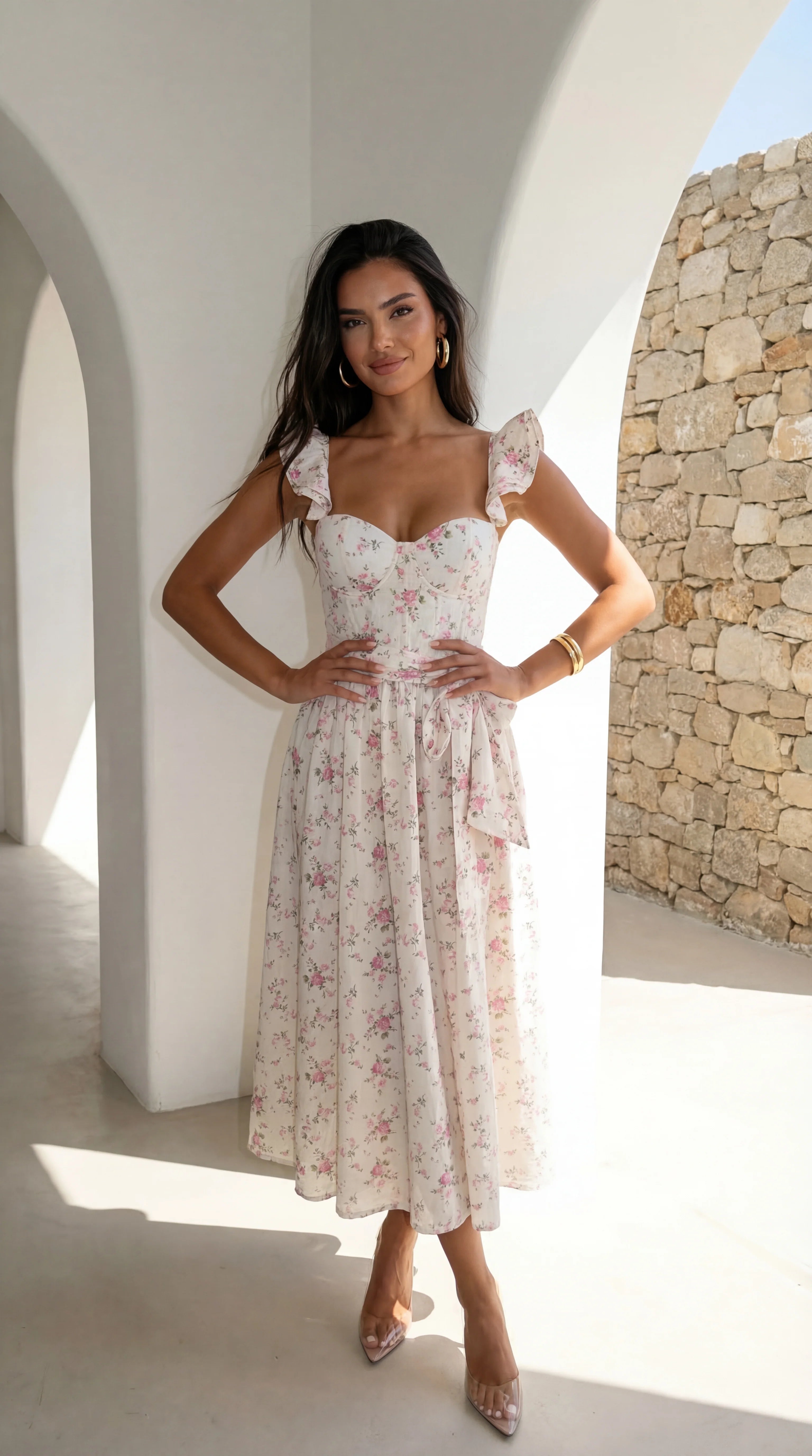 Florienne Floral Corset Flutter Midi Dress Ivory